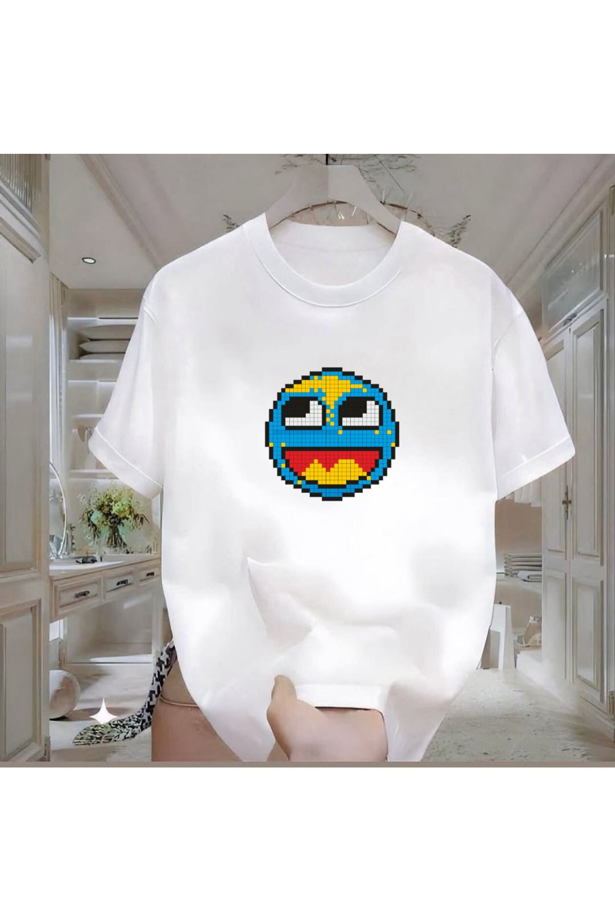 Rovell Pixel Smile Baskılı Beyaz Regular Erkek Tshirt