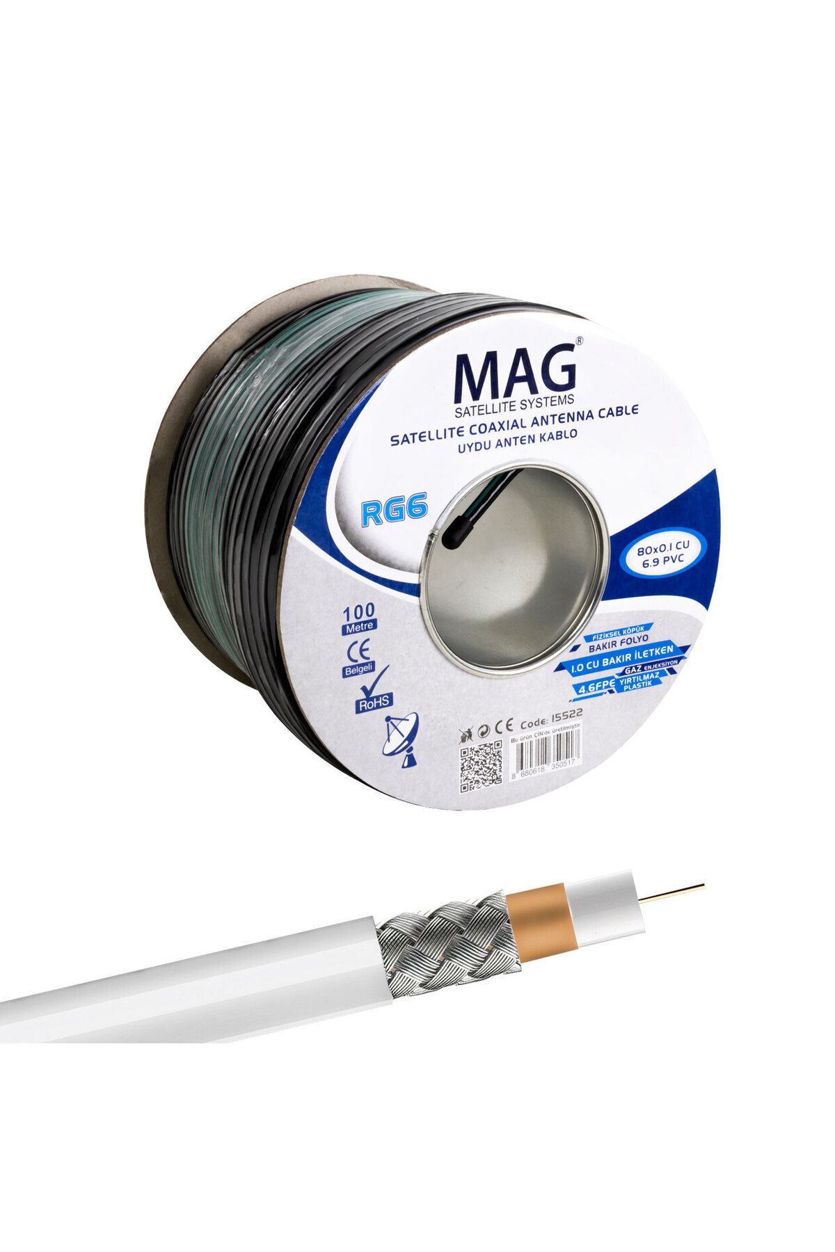 Zayla MAG RG6/U6 BAKIR CU/CU 80 TEL YEŞİL ANTEN KABLOSU (100 METRE) (5165)