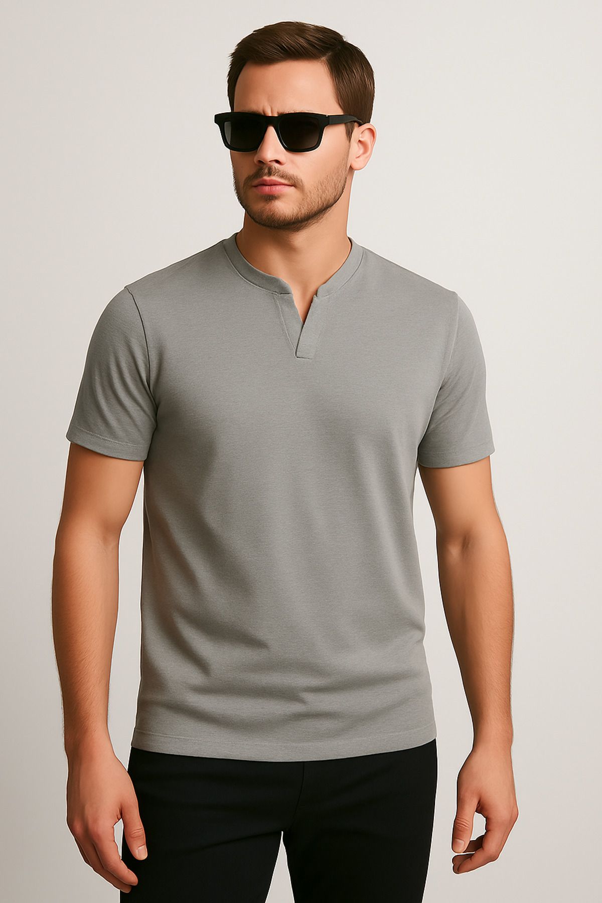 LACİVERTMEN 2124 Henley Tişört Kahverengi Düğme Detaylı Basic Casual T shirt