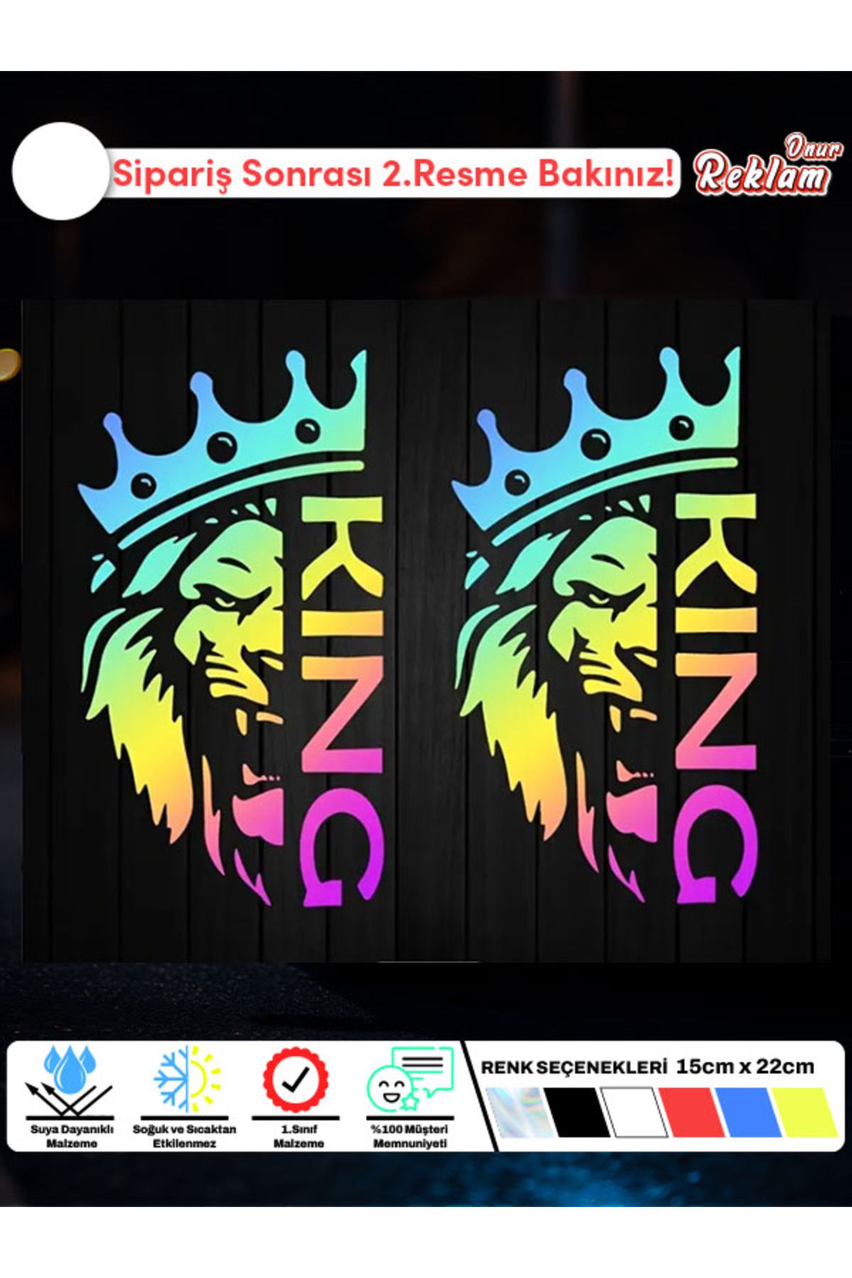 Onur Reklam KING Yazılı Taçlı Aslan Sticker Seti (2’li) – Suya Dayanıklı Araç ve Kask Çıkartması (15x22 cm)