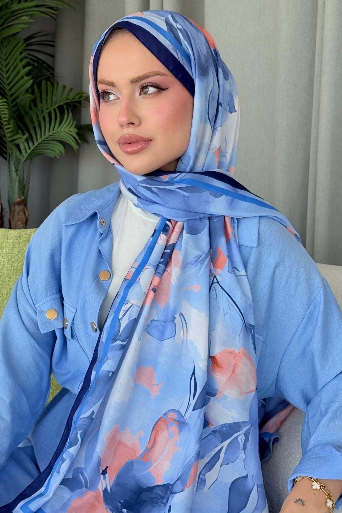 HAZA MODA Alaçatı Dijital Şal Bebe Mavi