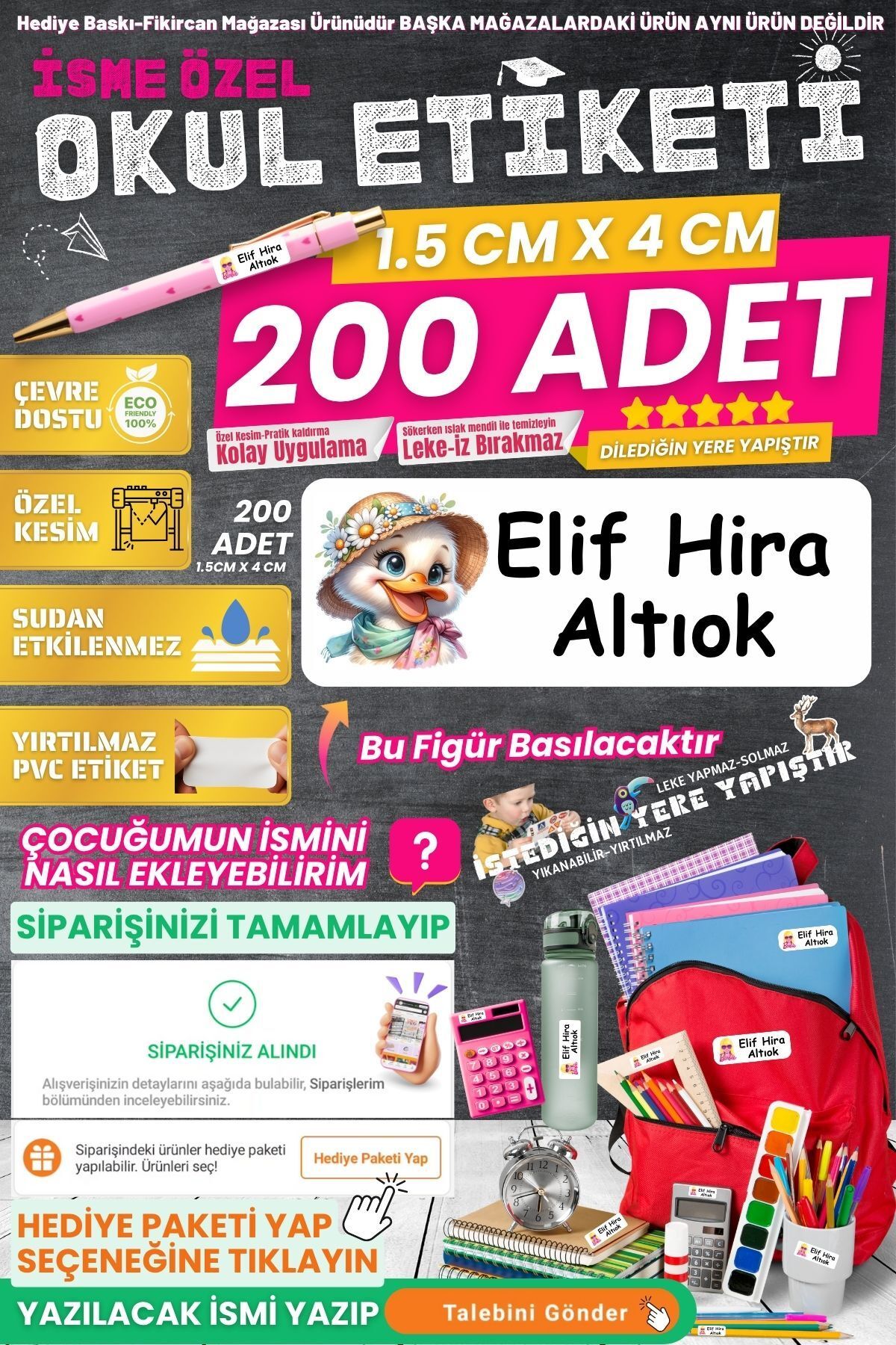 FİKİRCAN Fikircan-İsme Özel Okul Etiketi-SEVİMLİ ÖRDEK 200 Adet - Kokusuz Ekolojik Mürekkep PVC ETİKET