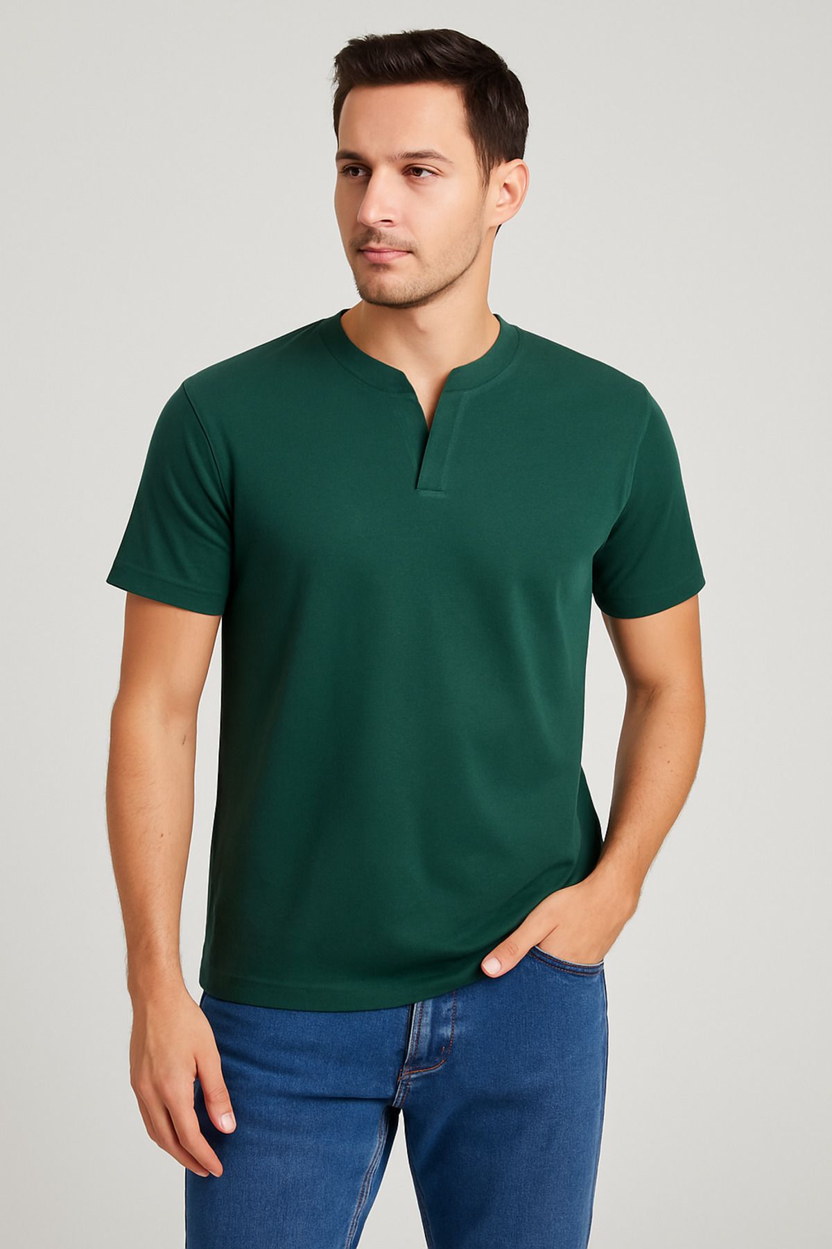 LACİVERTMEN 2124 Henley Tişört Kahverengi Düğme Detaylı Basic Casual T shirt