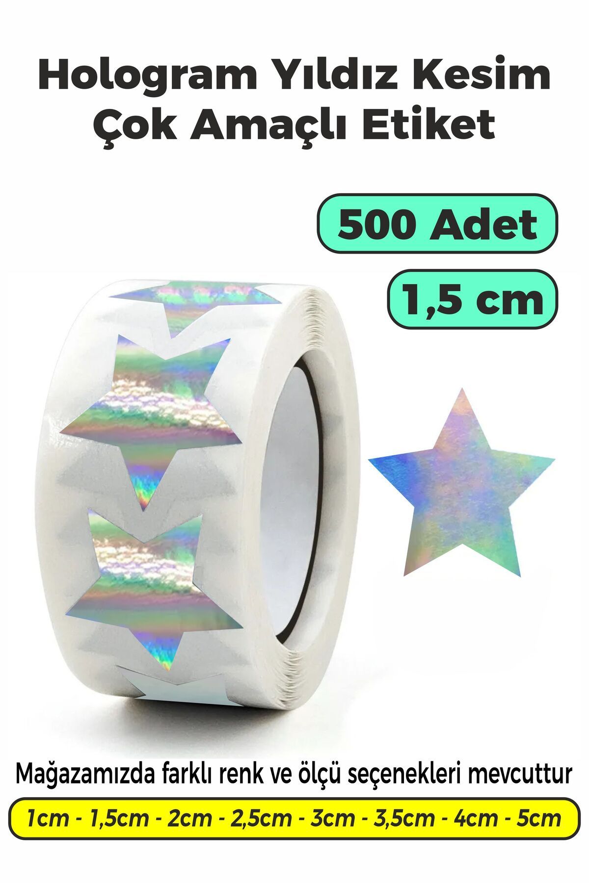 SB store Hologram Renk Yıldız Kesim Çok Amaçlı Etiket 1,5cm 500 Adet