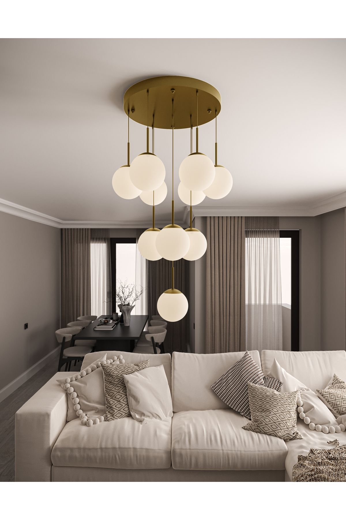 avizade ECLIPSE Modern 10'lu Sarkıt Metal Avize - Renkli Cam Küre, E27 Duy, Dekoratif Aydınlatma