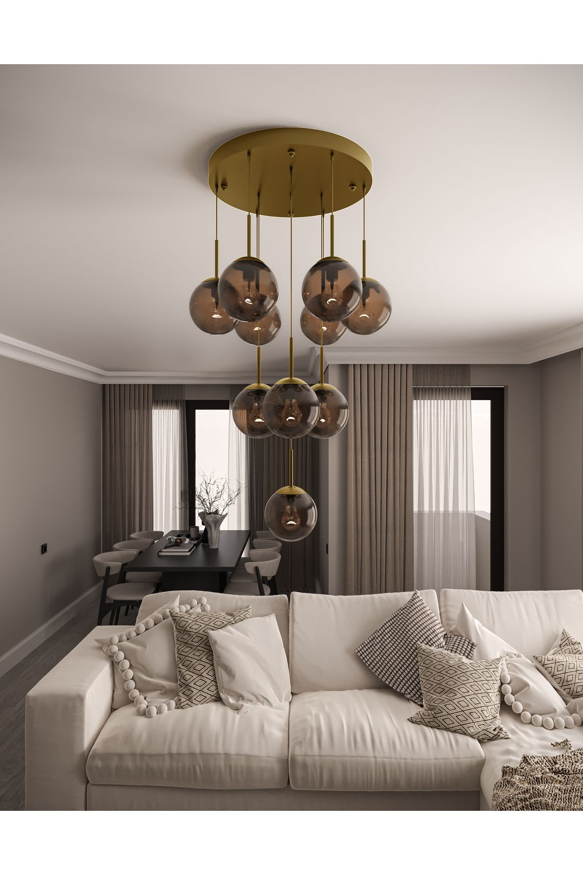 avizade ECLIPSE Modern 10'lu Sarkıt Metal Avize - Renkli Cam Küre, E27 Duy, Dekoratif Aydınlatma
