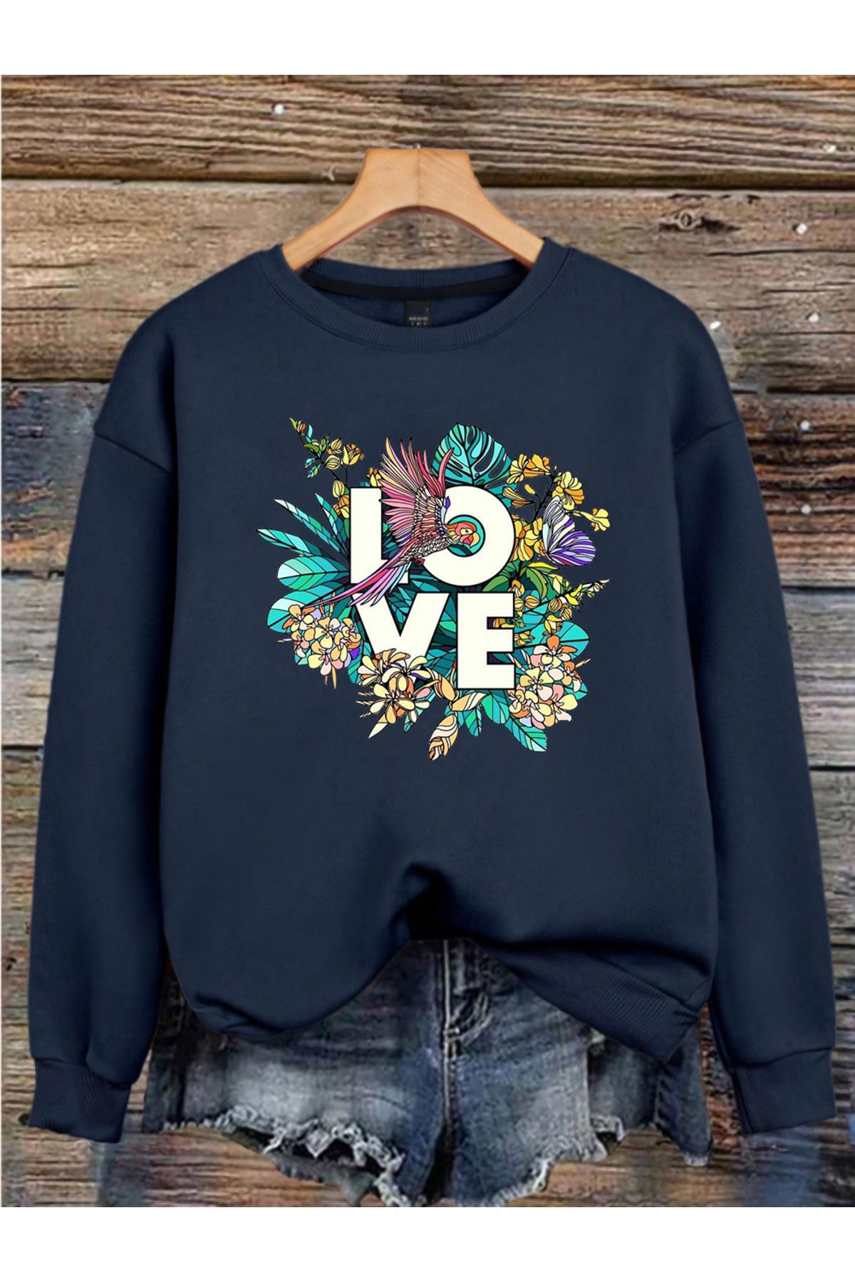 MAGORS LOVE BASKILI 3 İPLİK BİSİKLET YAKA UZUN KOLLU KADIN SWEATSHIRT