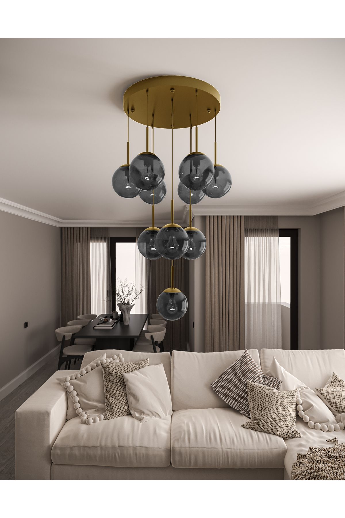 avizade ECLIPSE Modern 10'lu Sarkıt Metal Avize - Renkli Cam Küre, E27 Duy, Dekoratif Aydınlatma