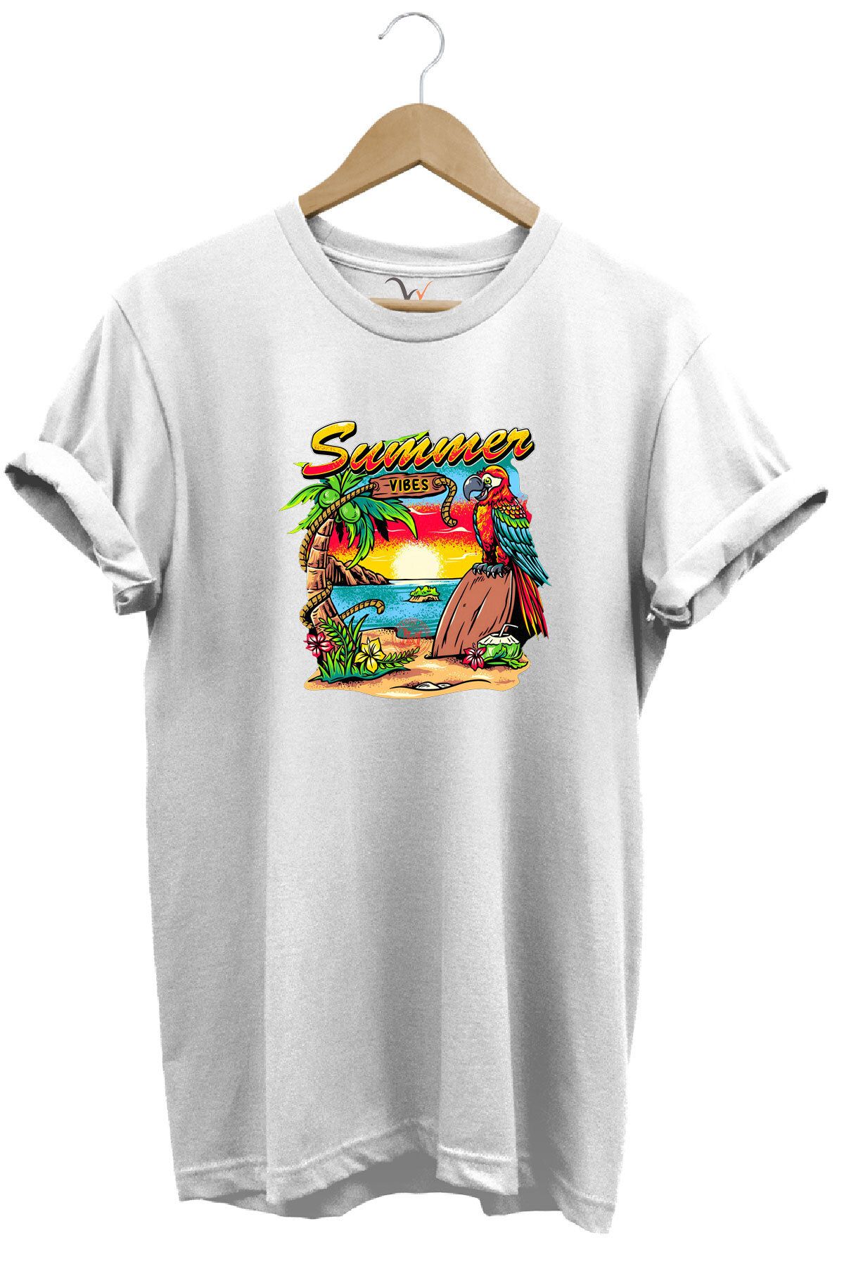WİDİ Renkli Summer Vibes Tasarım Baskılı ve Papağan %100 Pamuk Regular Fit Premium T-shirt