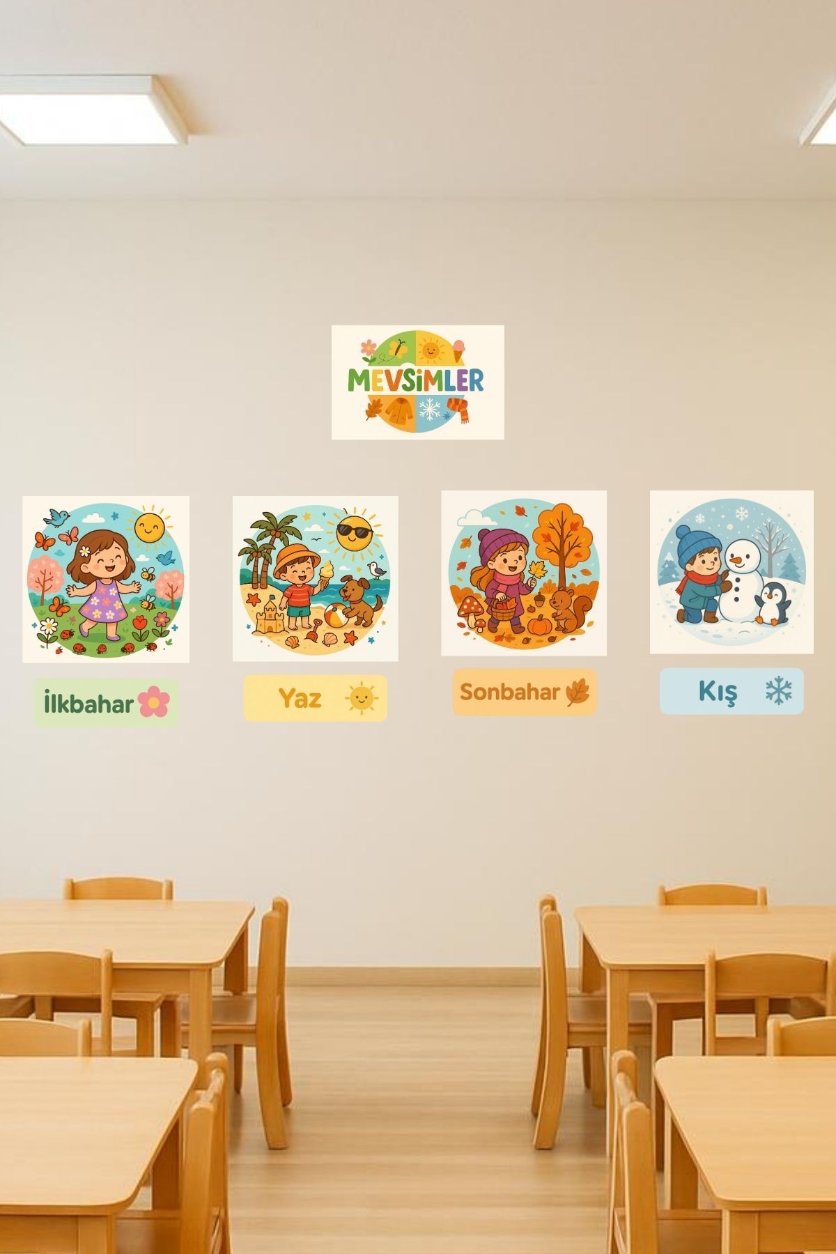 Tasarım Mevsimler Anaokulu Kreş Okul Eğitici Duvar Sticker Seti, Cam Sticker