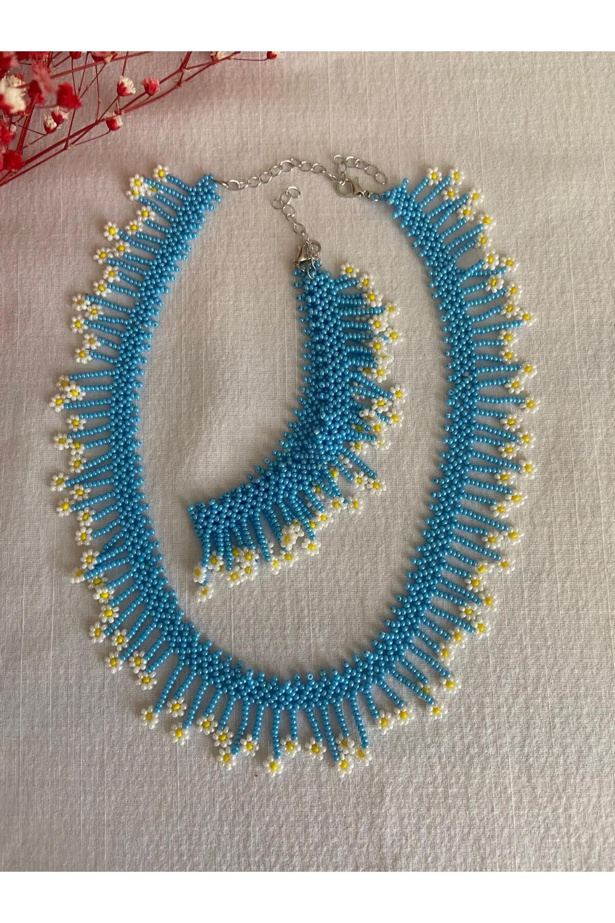 Handmade KUM BONCUK EL İŞİ PAPATYA MAVİ KÖLYE VE HALHAL