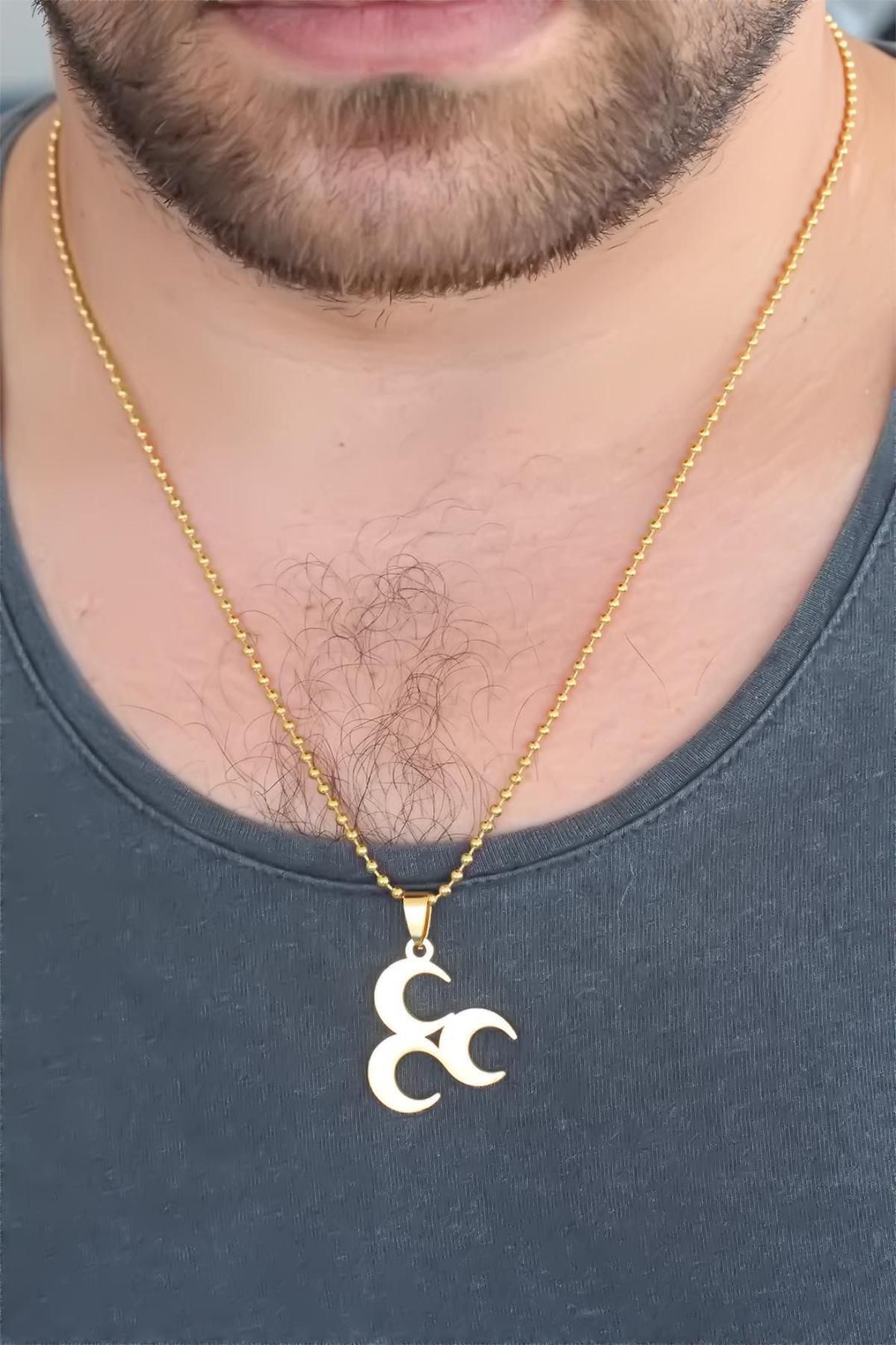 Celira Gold Renk Metal 3 Hilal Figürlü Erkek Kolye