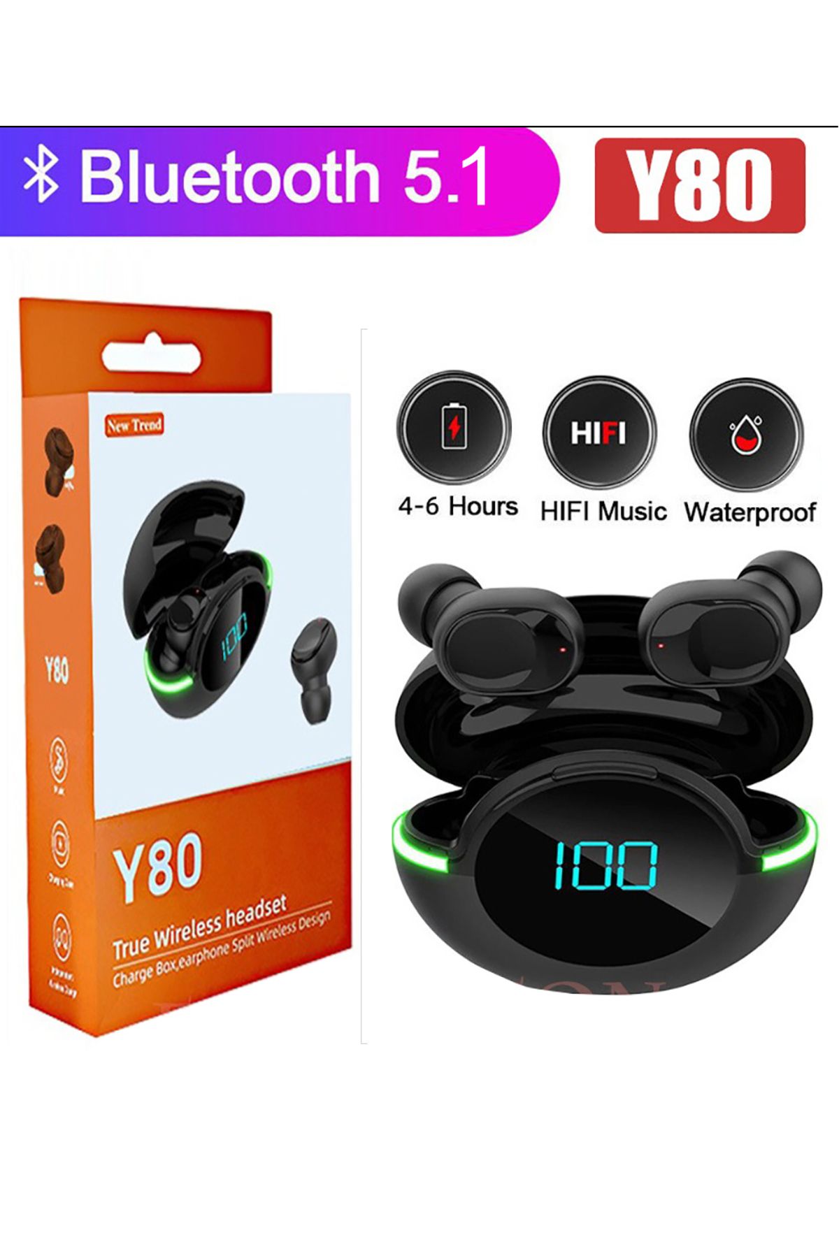 DigiMonster Y80 Bluetooth Kulaklık Kablosuz Spor Koşu Gürültü Azaltma Oyun Esports Mobil Dijital Ekran Ledli