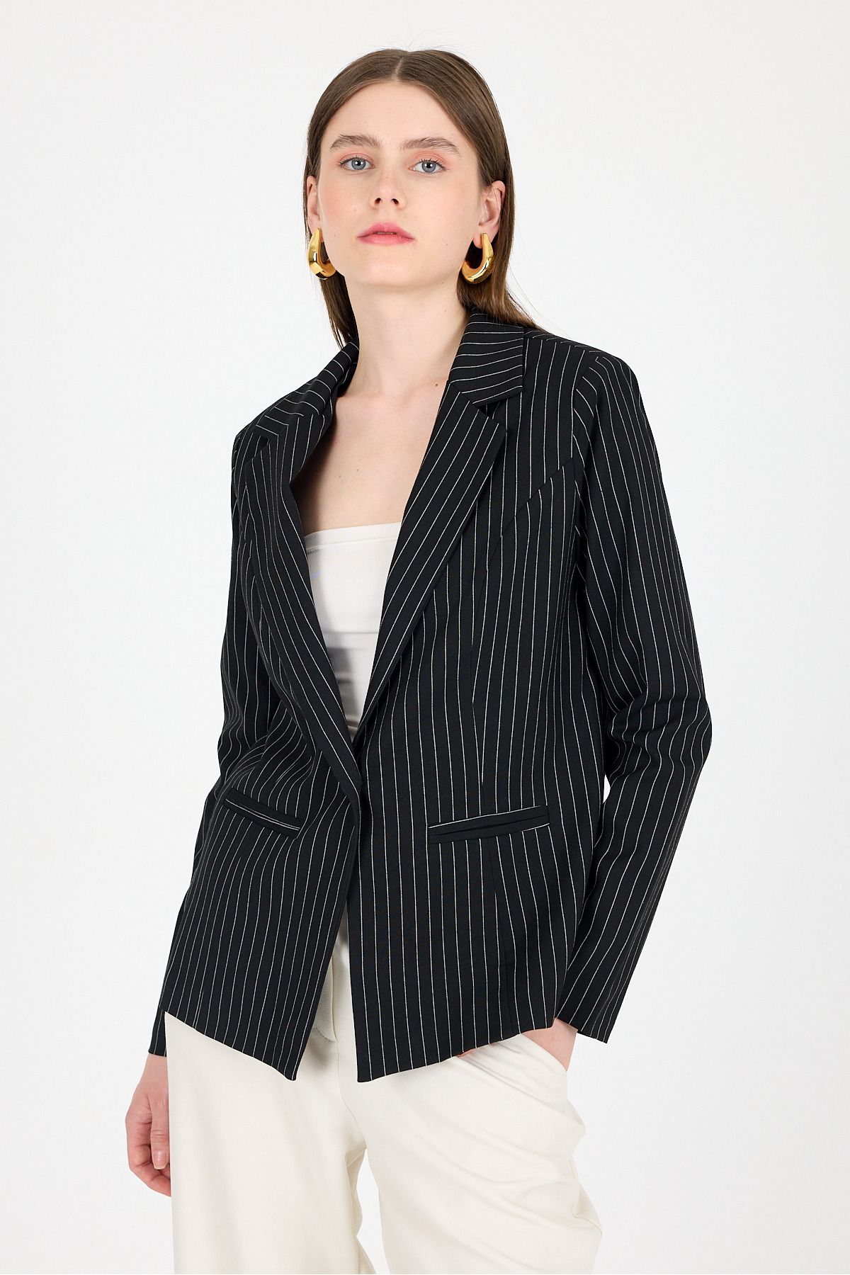 Rays Siyah Çizgili Tek Düğmeli Blazer Ceket 4594A