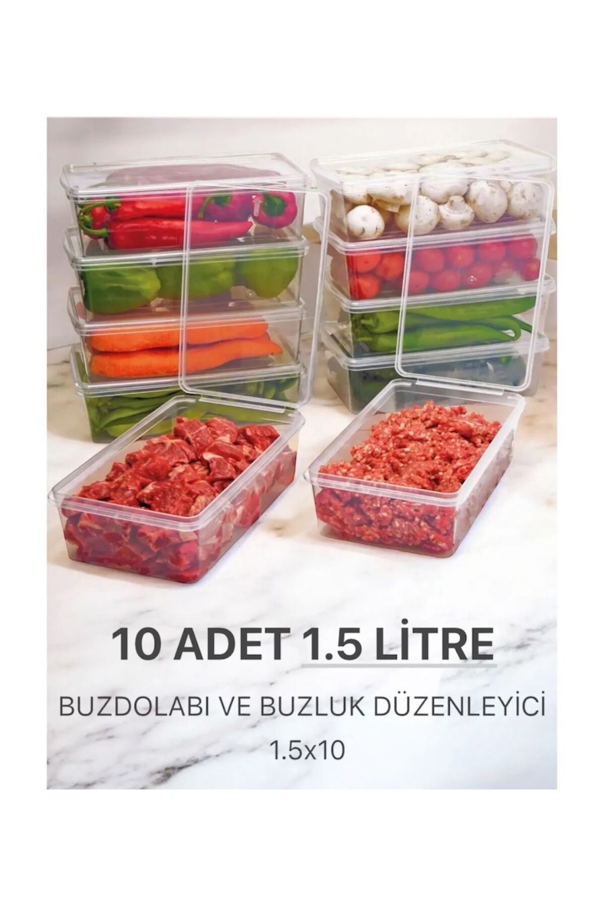 Est Home Kendinden Kapaklı 1.5 Litre Buzdolabı Derin Dondurucu Saklama Kabı Seti 10 Adet Meyve Sebze