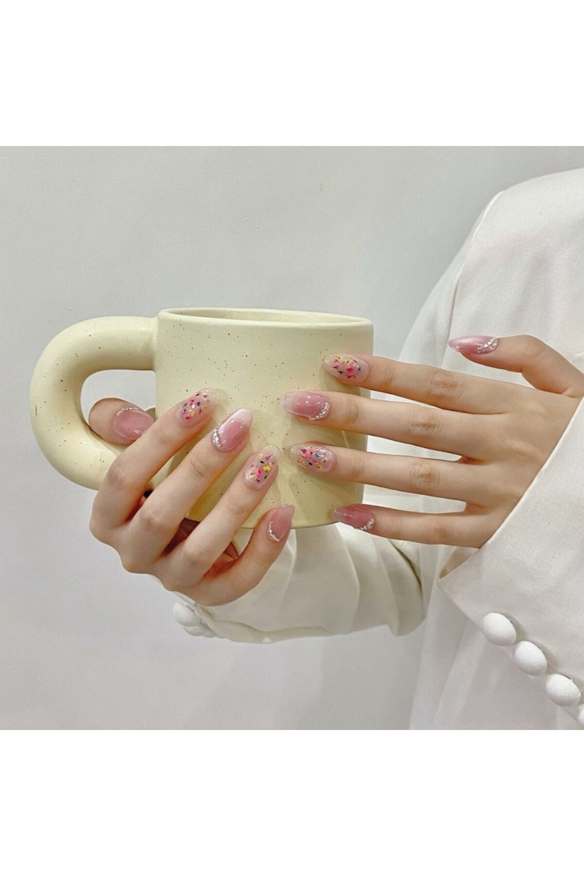 Takma Takma Tekrar Kullanılabilir El Yapımı Protez Takma Tırnak TT1133 - Floral Whisper - 10'lu L-Pembe