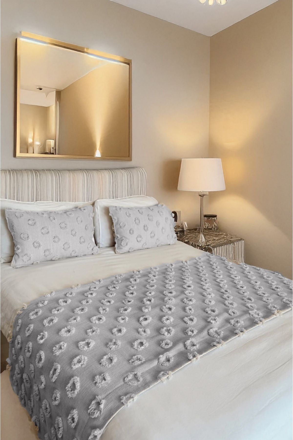 EVYA Yatak Runner ve Yastık Kılıfı Seti 70x260 cm 2li 50x70 cm Çift Kişilik Şönil Ponponlu Yatak Şalı