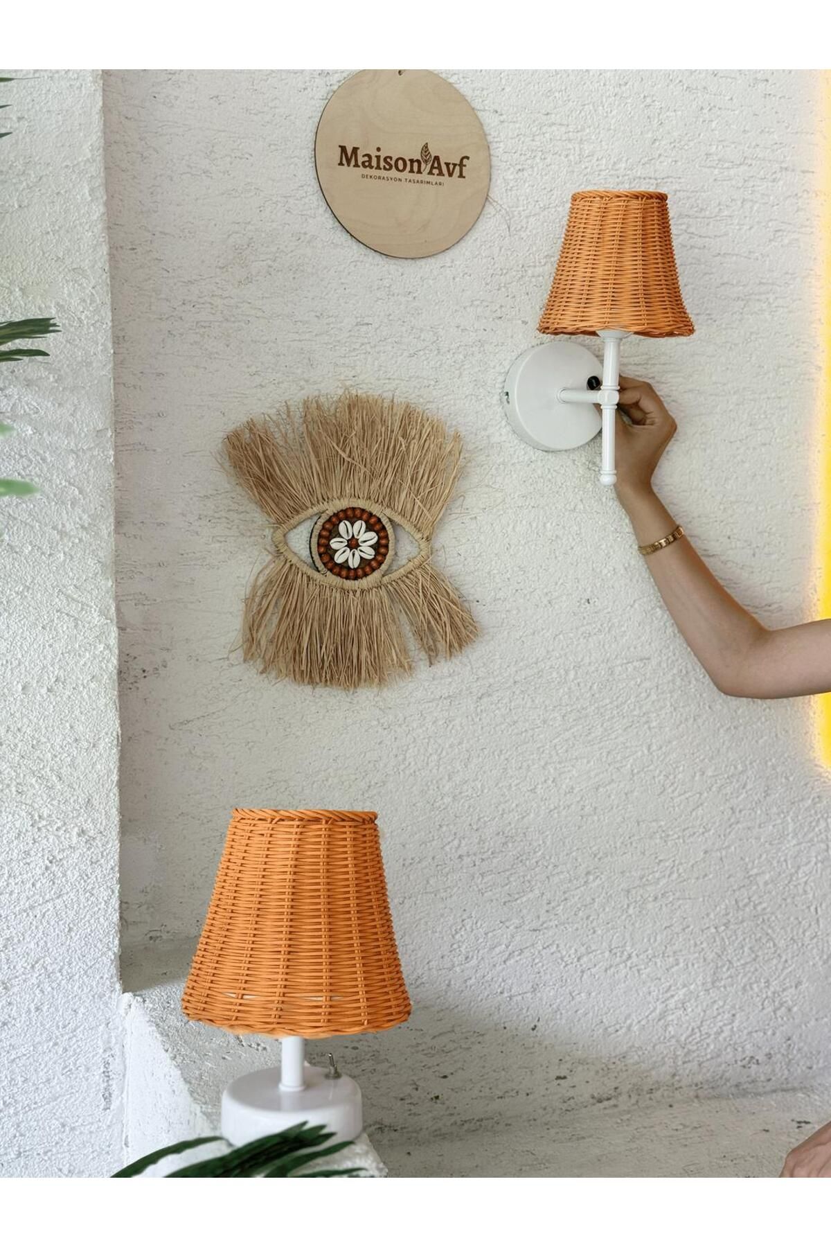 Maison Avf Turuncu Rattan & Bambu Masa Üstü Kablosuz Pilli Abajur Masa Lambası Alt Ayak Beyaz