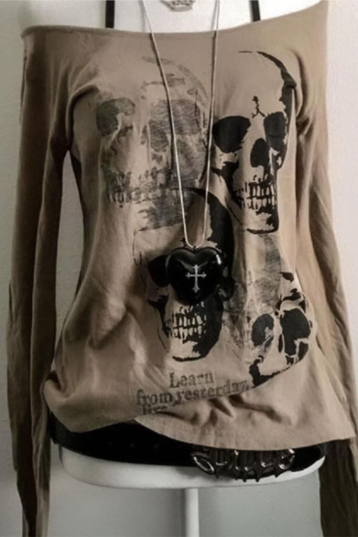 Karakedi Skulls Siyah Baskılı Ek Askılı Uzun Kollu Bej Bluz