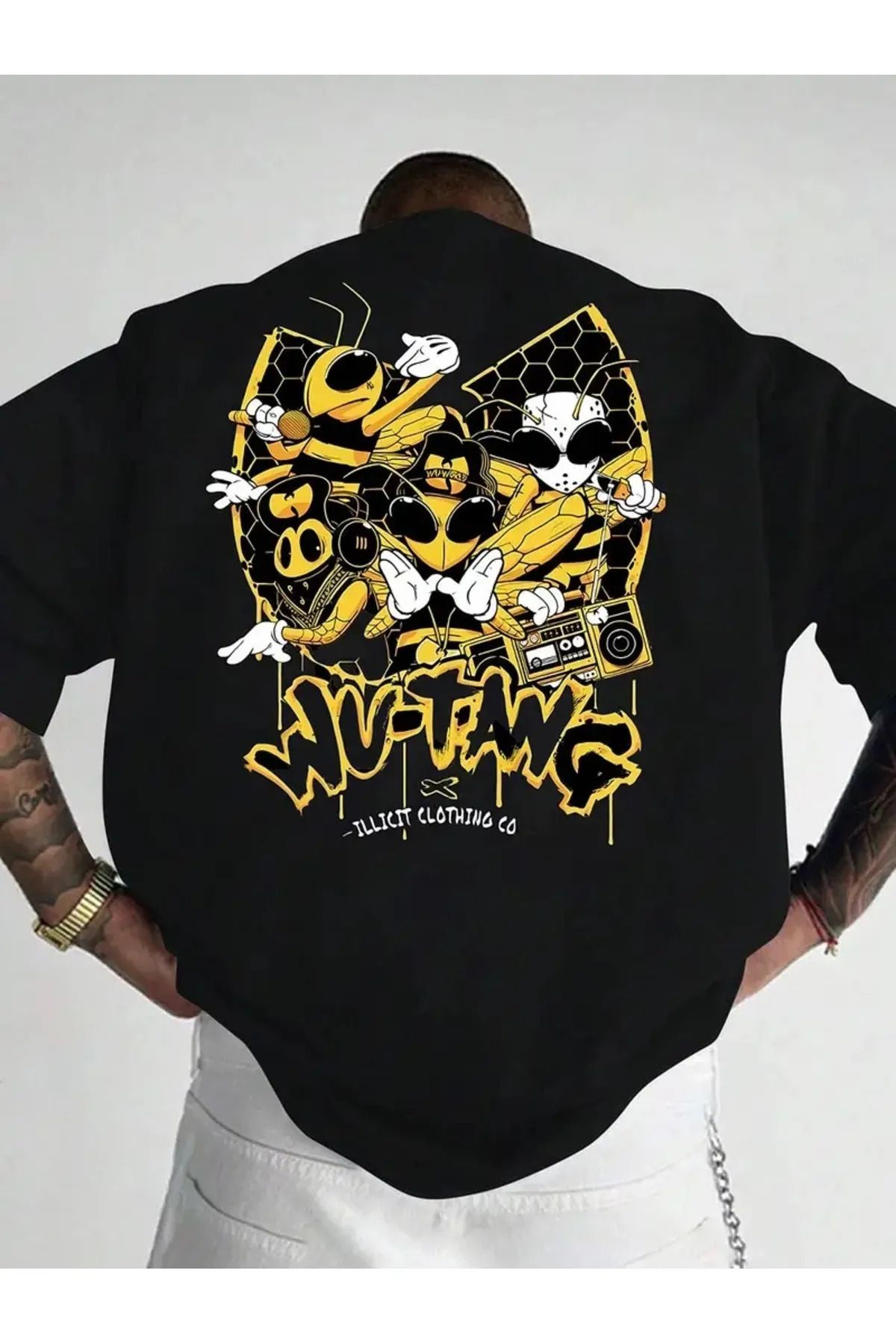 İnazuma Outdoors Unisex Oversize Baskılı Pamuklu Bisiklet Yaka Kısa Kollu SİYAH T-shirt WU-TANG