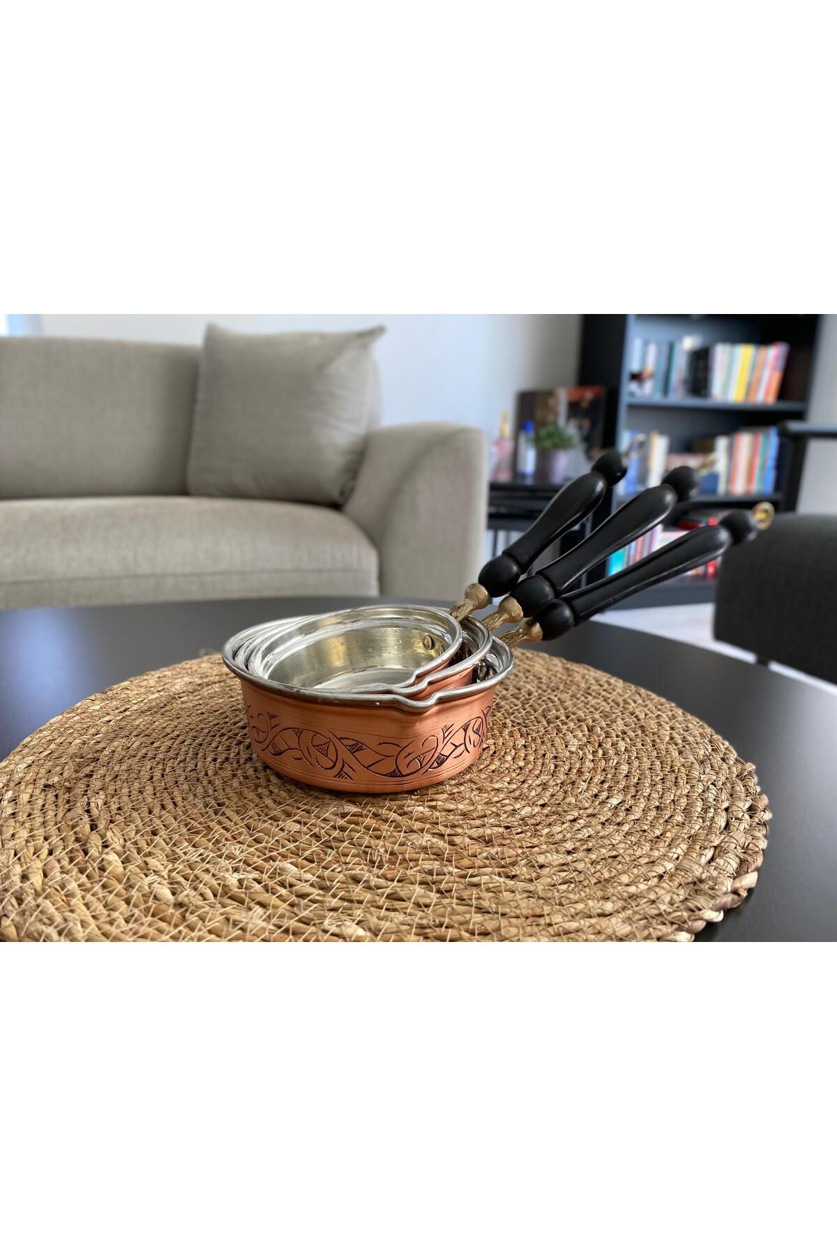 Layla Copper Bakır Renkli El İşlemeli Bakır Tava-Sosluk (10 cm - 12 cm - 13,5 cm)