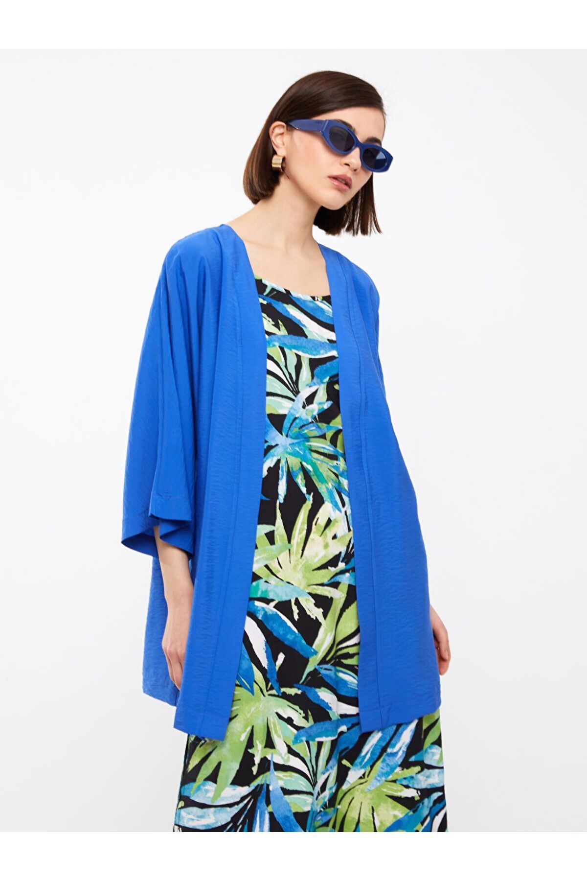 LC Waikiki Mavi Şal Yaka Düz Oversize Kadın Kimono