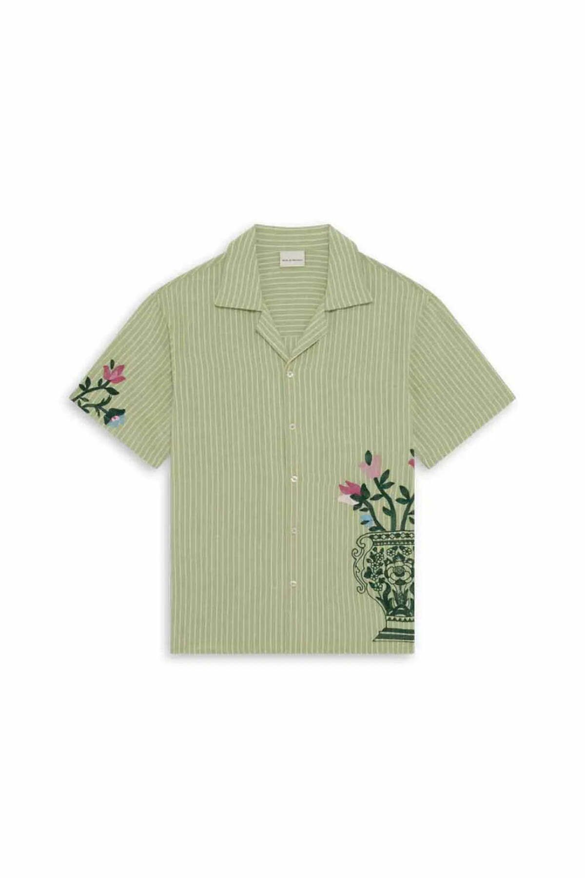 American Rag Cie La Chemise Rayée Fleurs: yeşil kısa kollu çiçek nakışlı %100 pamuk gömlek