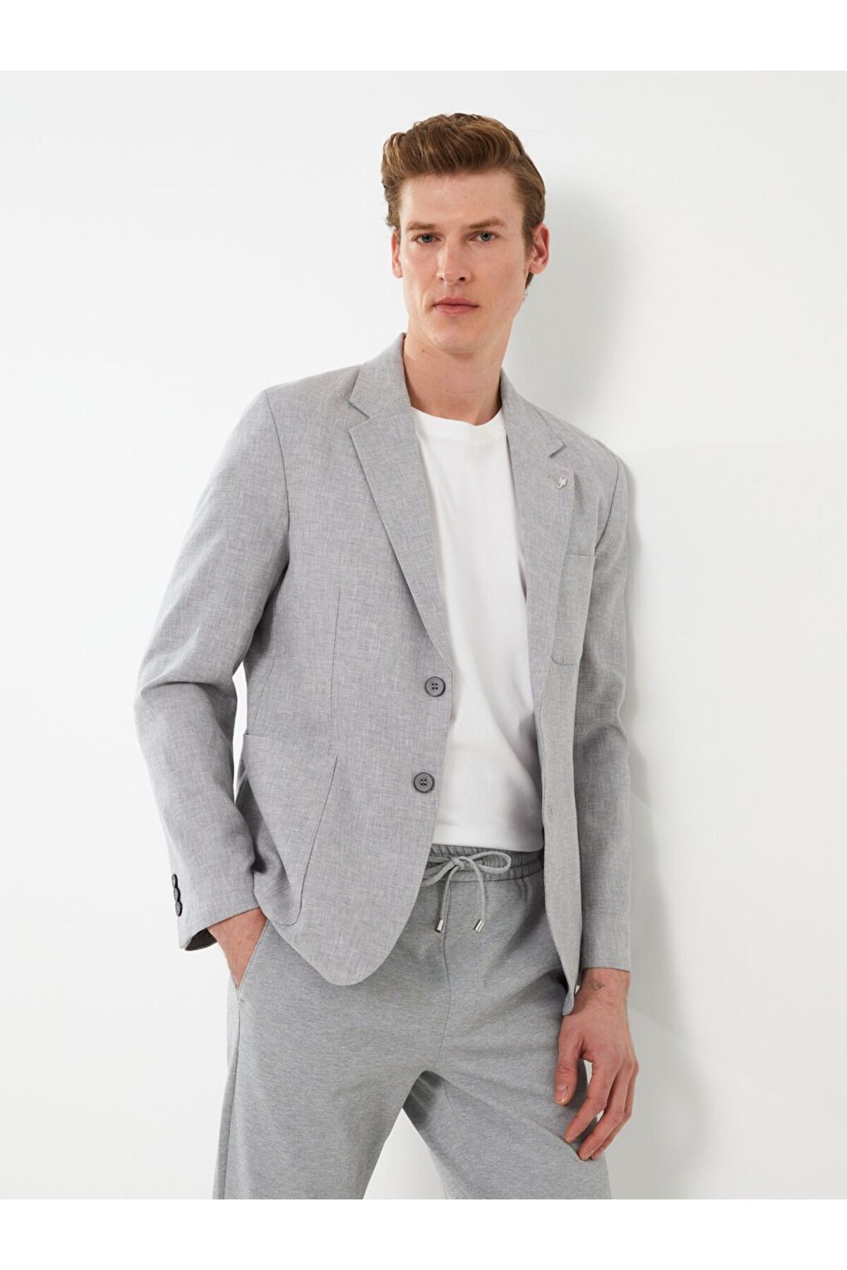LC Waikiki Gri Dar Kalıp Keten Karışımlı Erkek Blazer Ceket
