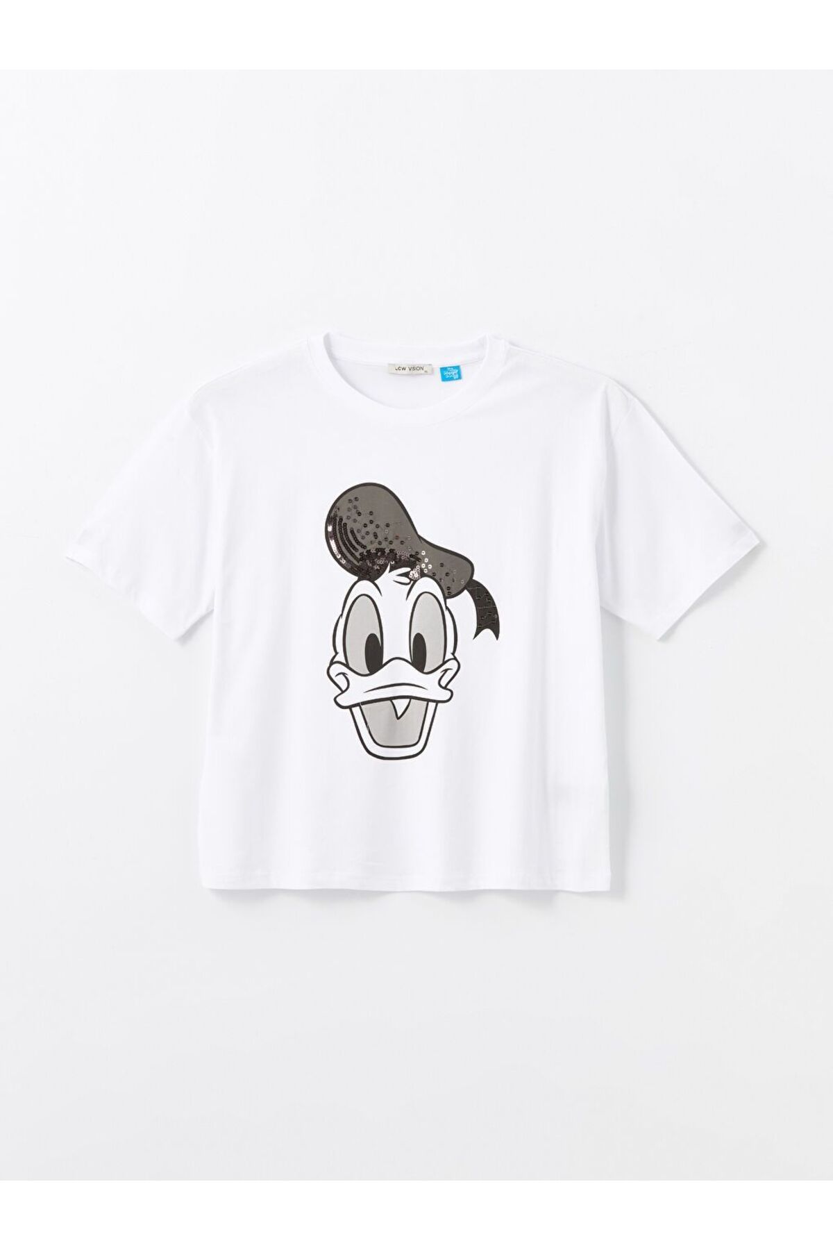LC Waikiki Beyaz Bisiklet Yaka Donald Duck Baskılı Kısa Kollu Oversize Kadın Tişört