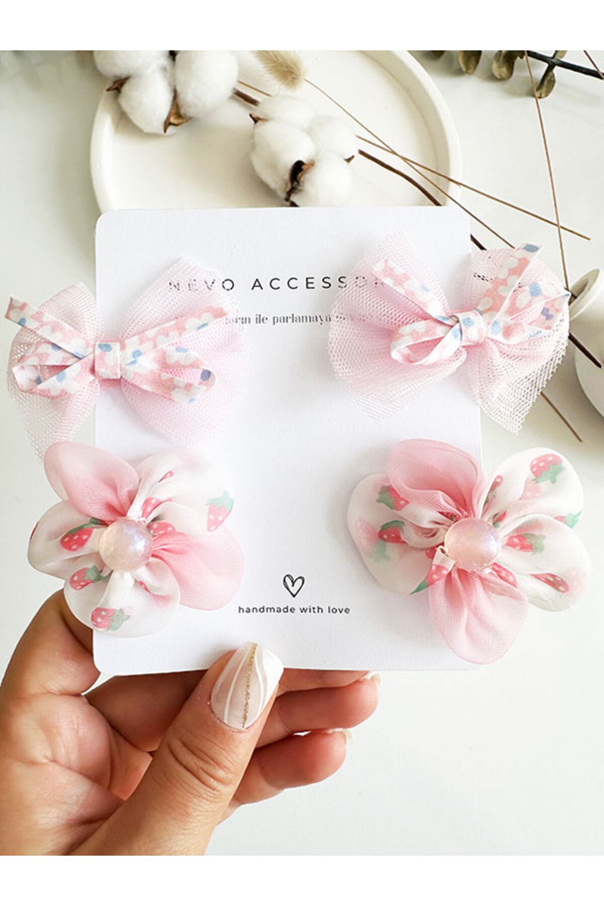 NevoAccessory Çocuk Çilek ve Fiyonk Desenli 2'li Takım Toka Set