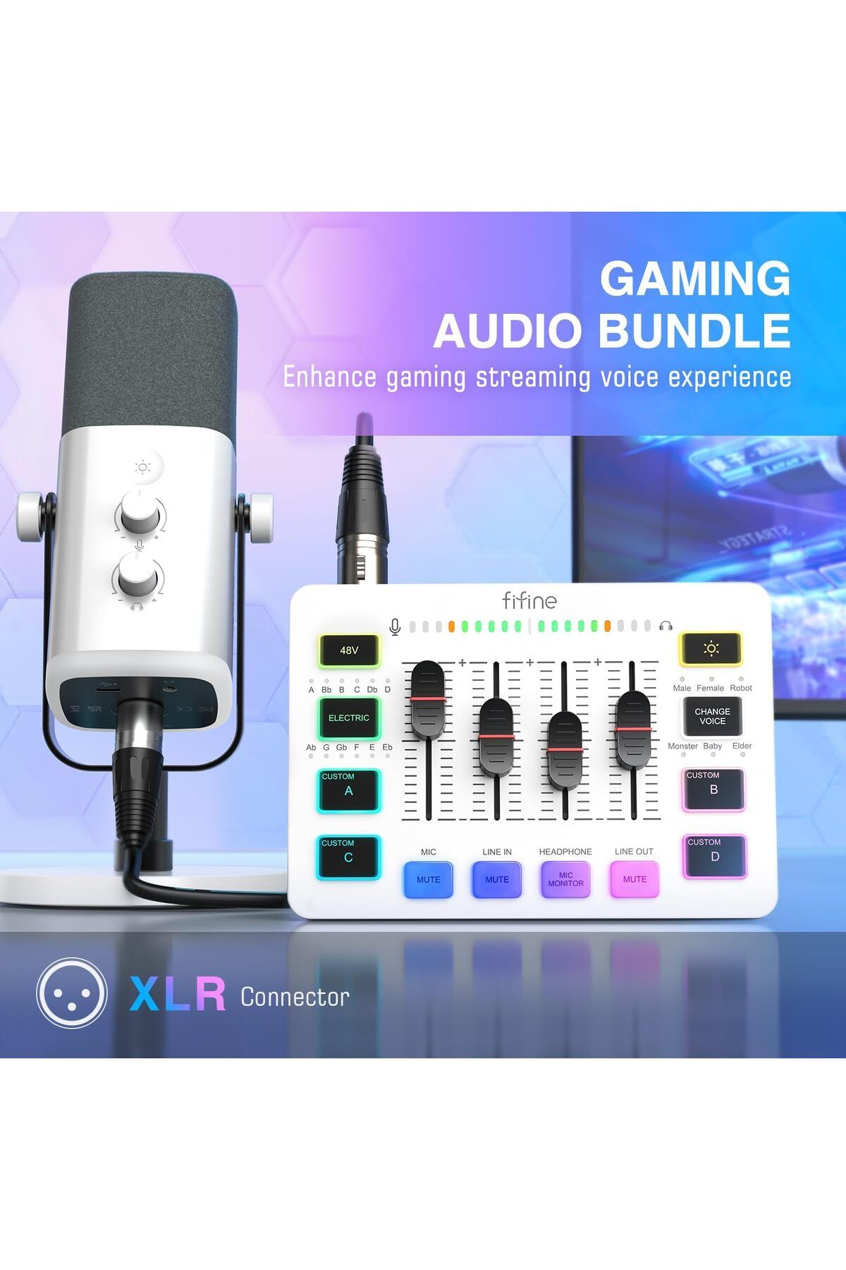Fifine-Gaming Equipment Bundle, XLR/USB Streaming Dynamic Microphone with Audio Mixer Set, Podcast R 3