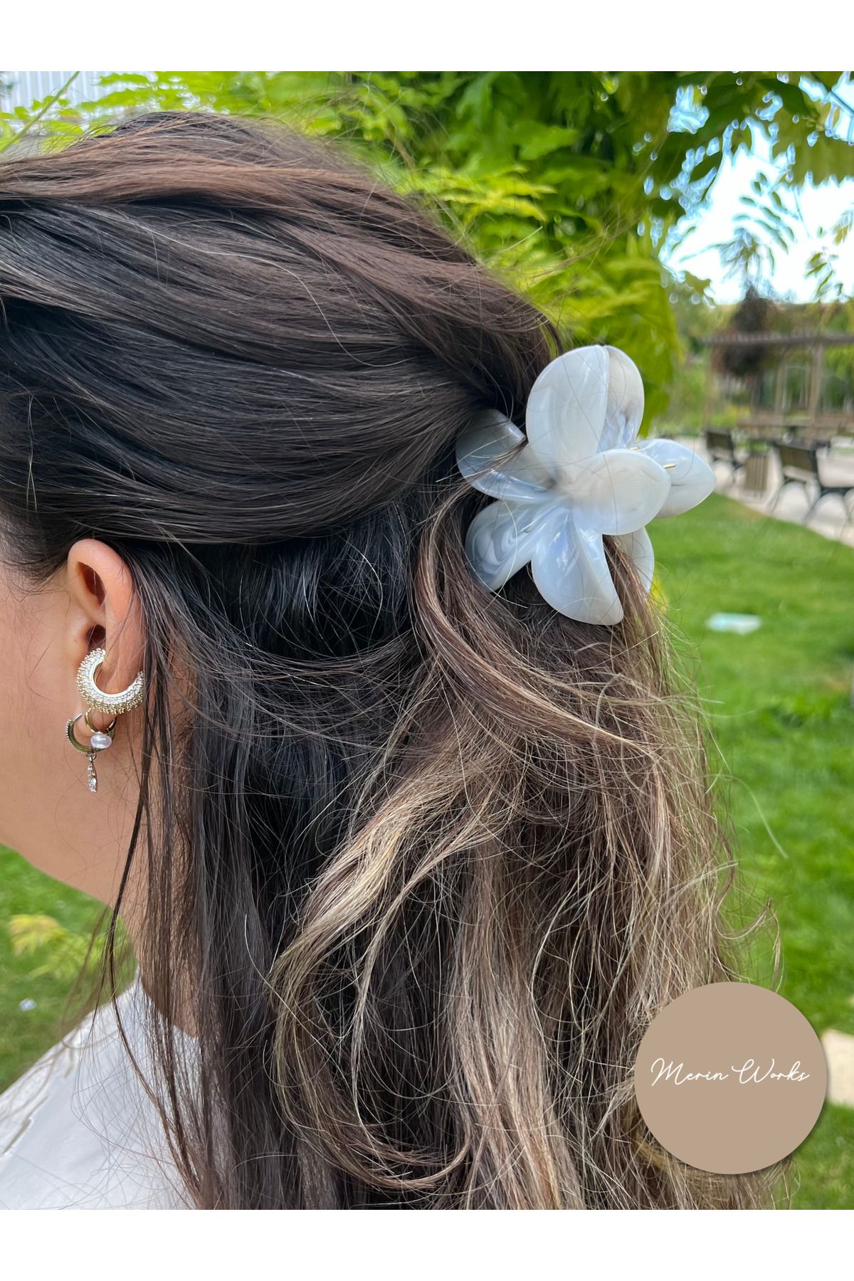 Butik Lotus Çiçeği Mandal Toka Ebruli Çok Renkli Büyük Boy Saç Aksesuarı
