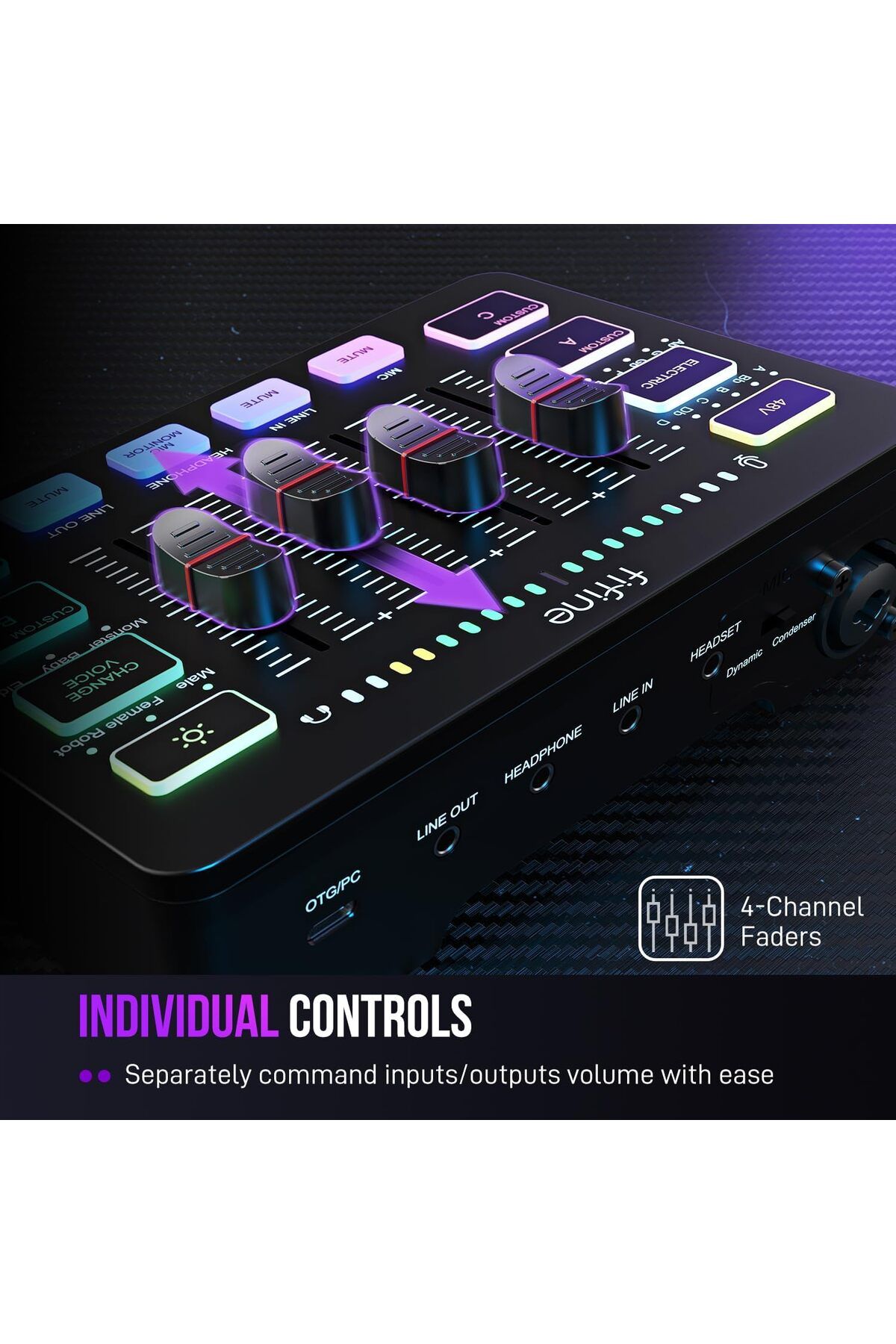 Fifine-Gaming Audio Mixer, Streaming RGB PC Mixer with XLR Microphone Interface, Individual Control, 5