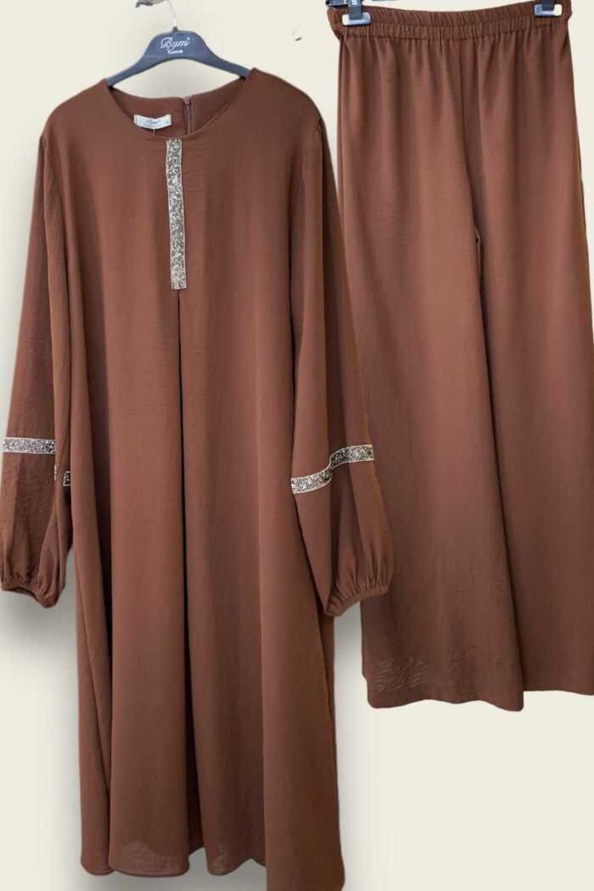 BYM Taş İşleme Detaylı Pantolonlu Tunik Takım 8464 Kahverengi