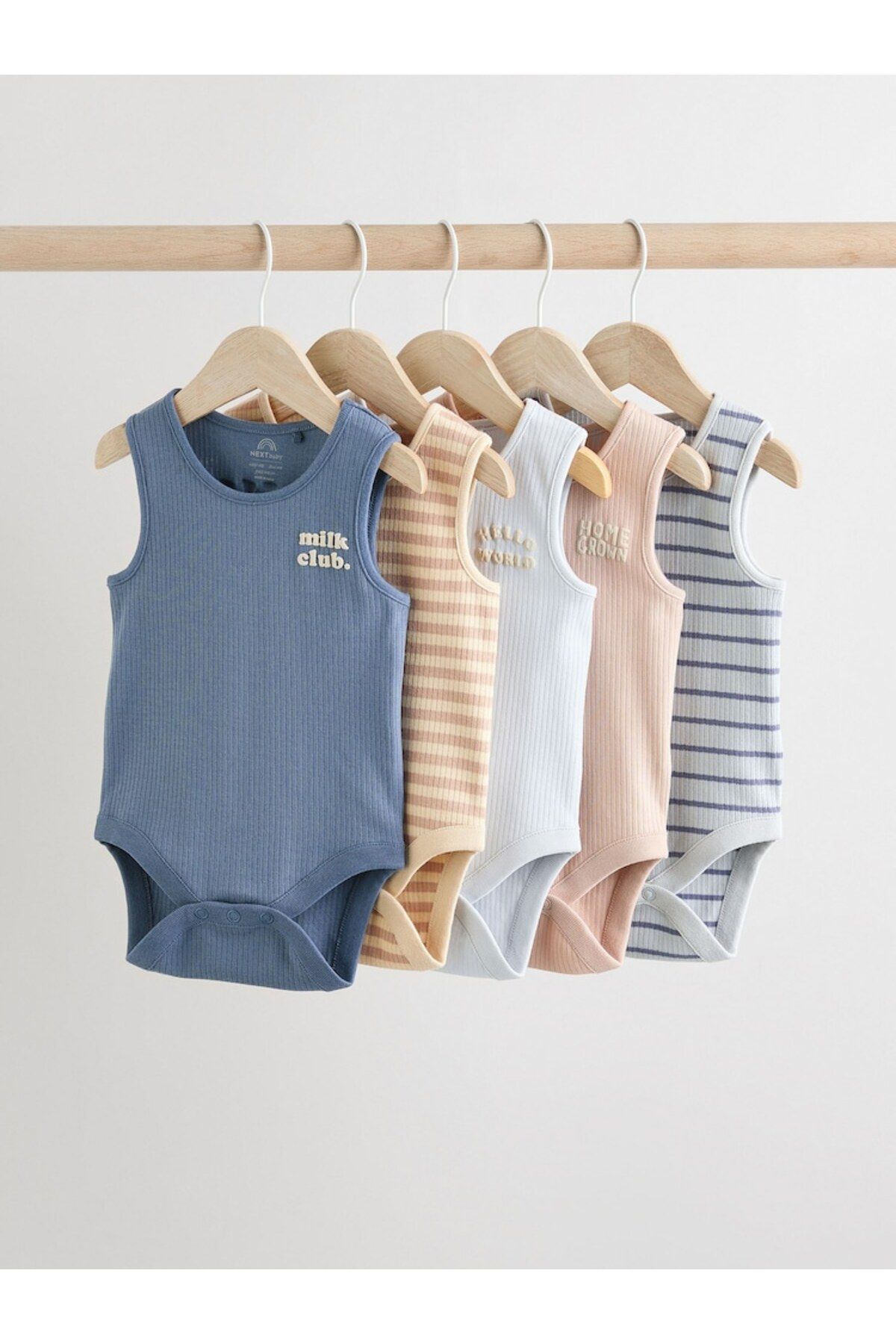 Next Baby %100 Pamuklu Mavi Krem Baskılı 5'li Body Zıbın Set