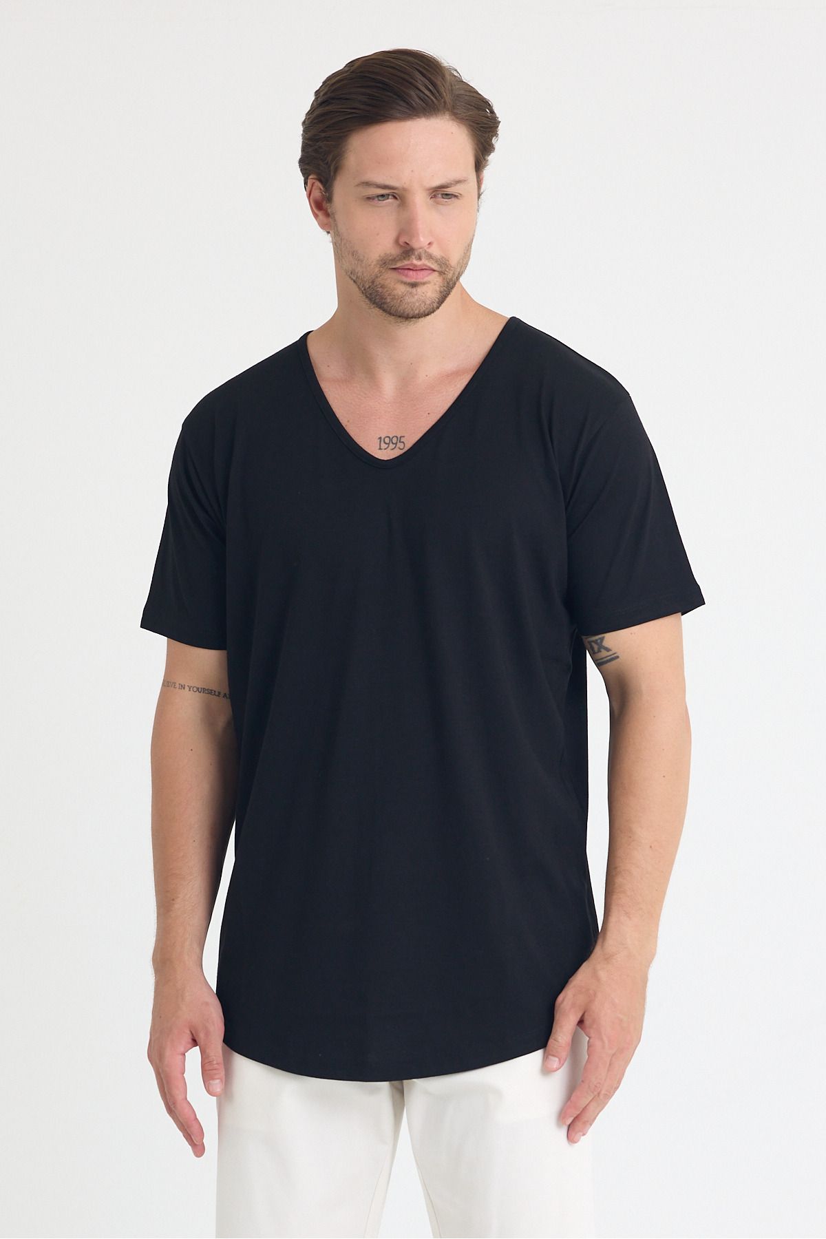 THE ONE Erkek V Yaka Viskon Oval kesim Basic T-Shirt
