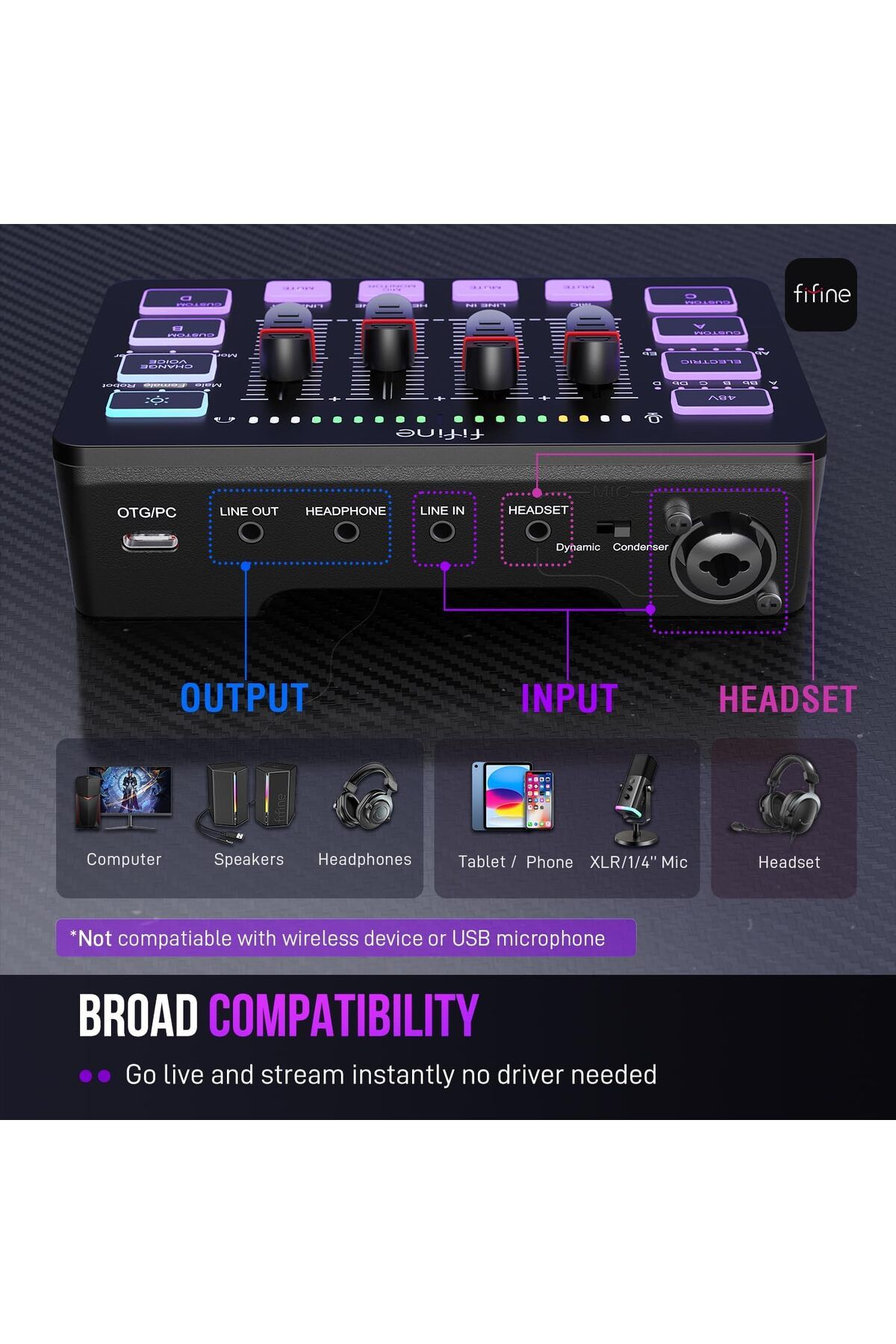 Fifine-Gaming Audio Mixer, Streaming RGB PC Mixer with XLR Microphone Interface, Individual Control, 7