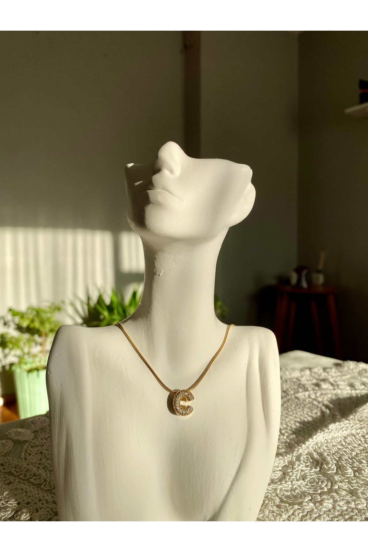 Nida Collection ÇELİK TAŞLI GOLD HARF KOLYE (C)