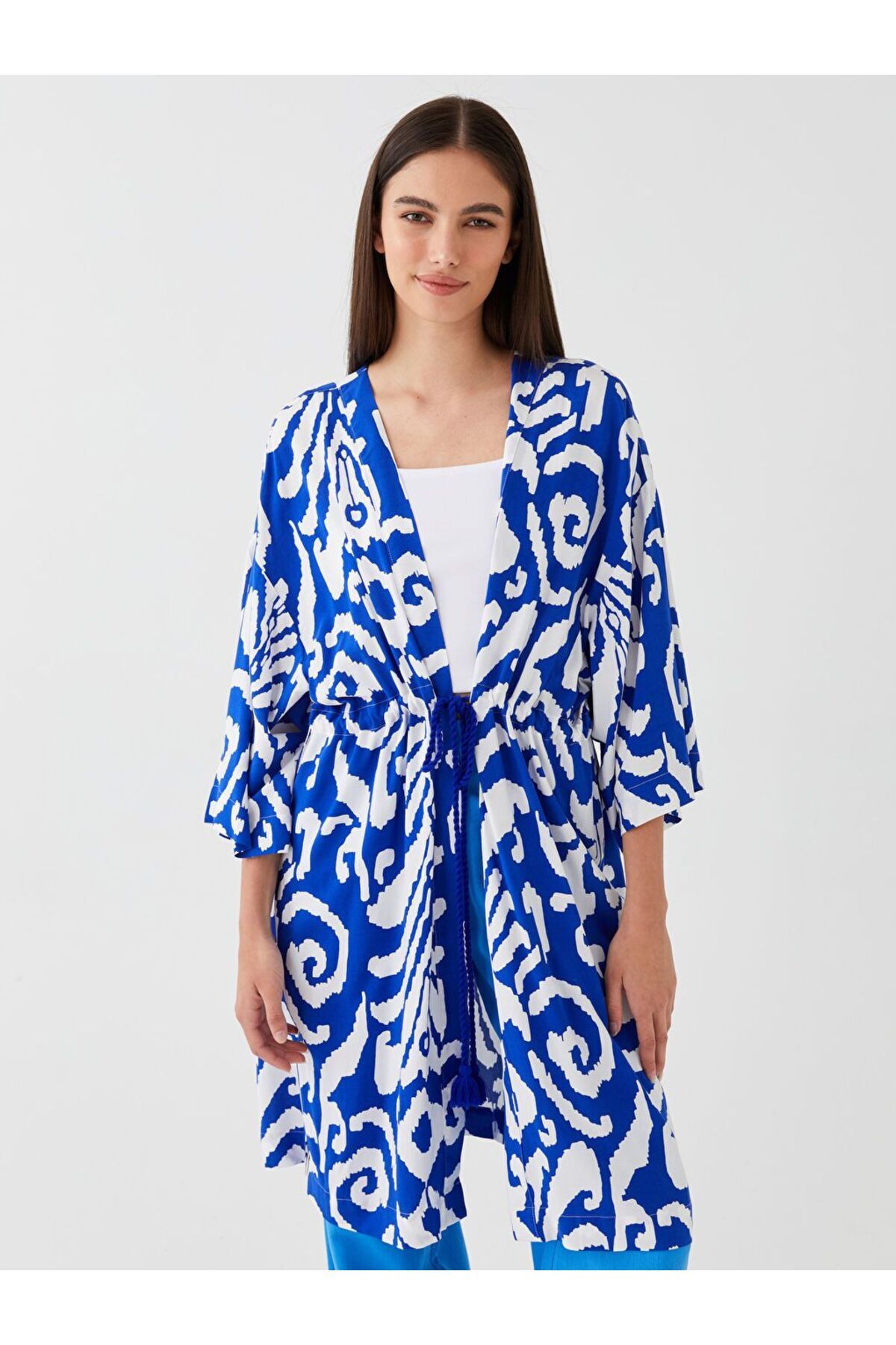LC Waikiki Mor Şal Yaka Desenli Oversize Kadın Kimono