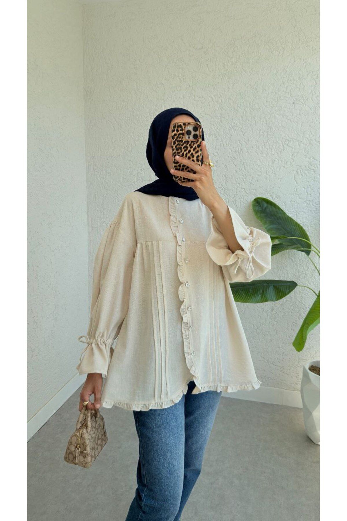 BisuModa KOLARI FIRFIR VE BAĞLAMA DETAYLI KETEN GÖMLEK