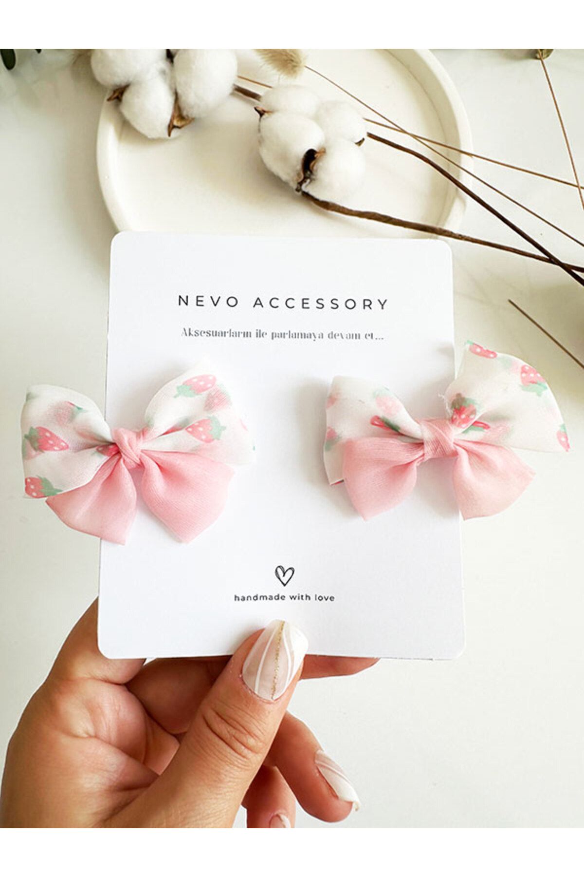NevoAccessory Çocuk Çilek Kurdeleli Tül Klipsli 2'li Toka