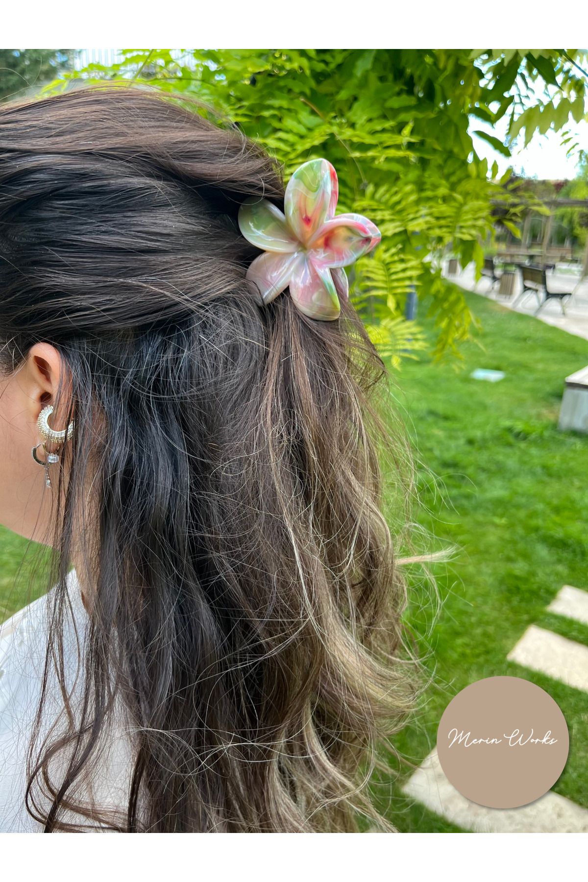 Butik Lotus Çiçeği Mandal Toka Ebruli Çok Renkli Büyük Boy Saç Aksesuarı