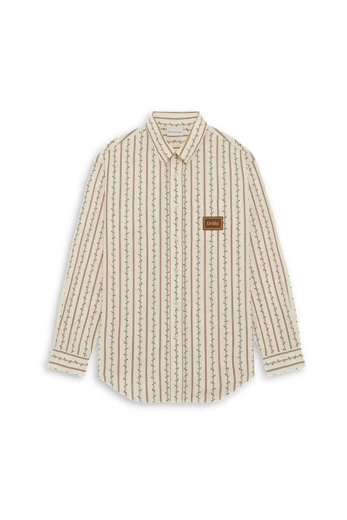 American Rag Cie Ecru Renk 100% Pamuklu Uzun Kollu 'Drôle' Yamalı Gömlek - La Chemise Fleurs Tressées