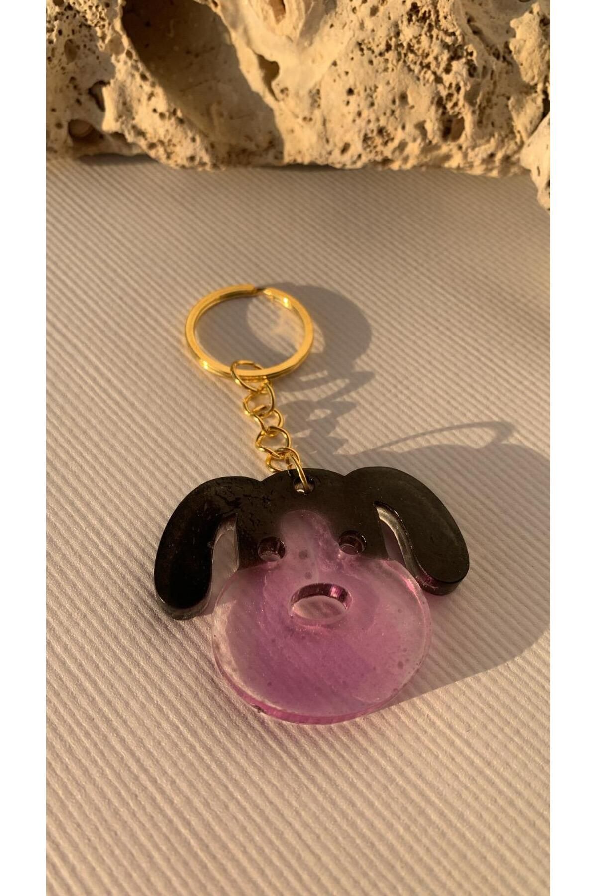 MISS GOLDEN Lila Siyah Köpek Yüzü Anahtarlık Handmade El Yapımı Epoksi Hediyelik