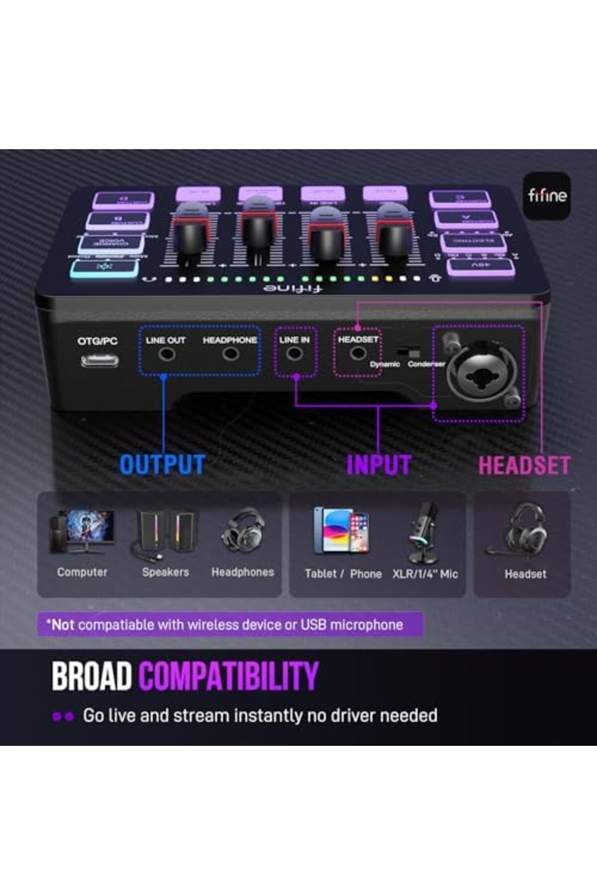 Fifine-Gaming Audio Mixer, Streaming RGB PC Mixer with XLR Microphone Interface, Individual Control, 8