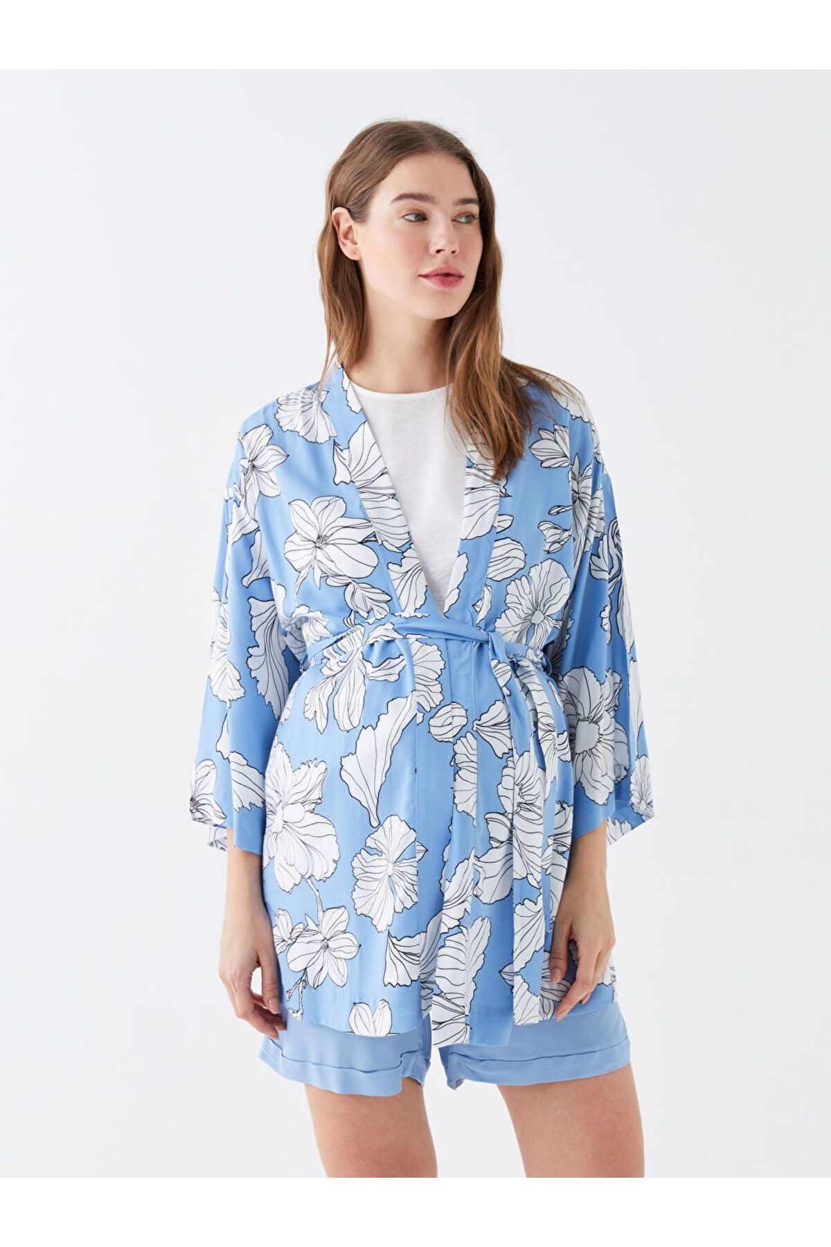 Mavi Şal Yaka Çiçekli Uzun Kollu Hamile Kimono