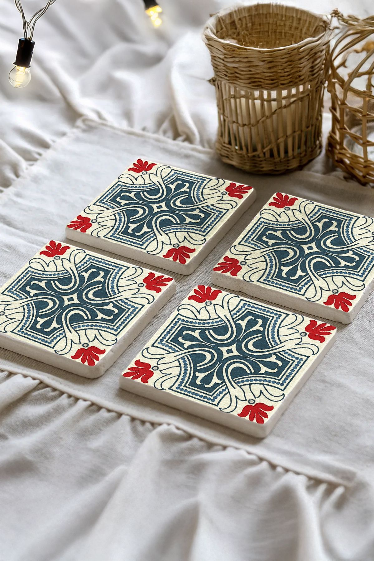 Sionar Gizemli Lale Mozaik Desenleri Taş Traverten Fincan Bardak Altlığı 4'lü Set 10x10x1cm