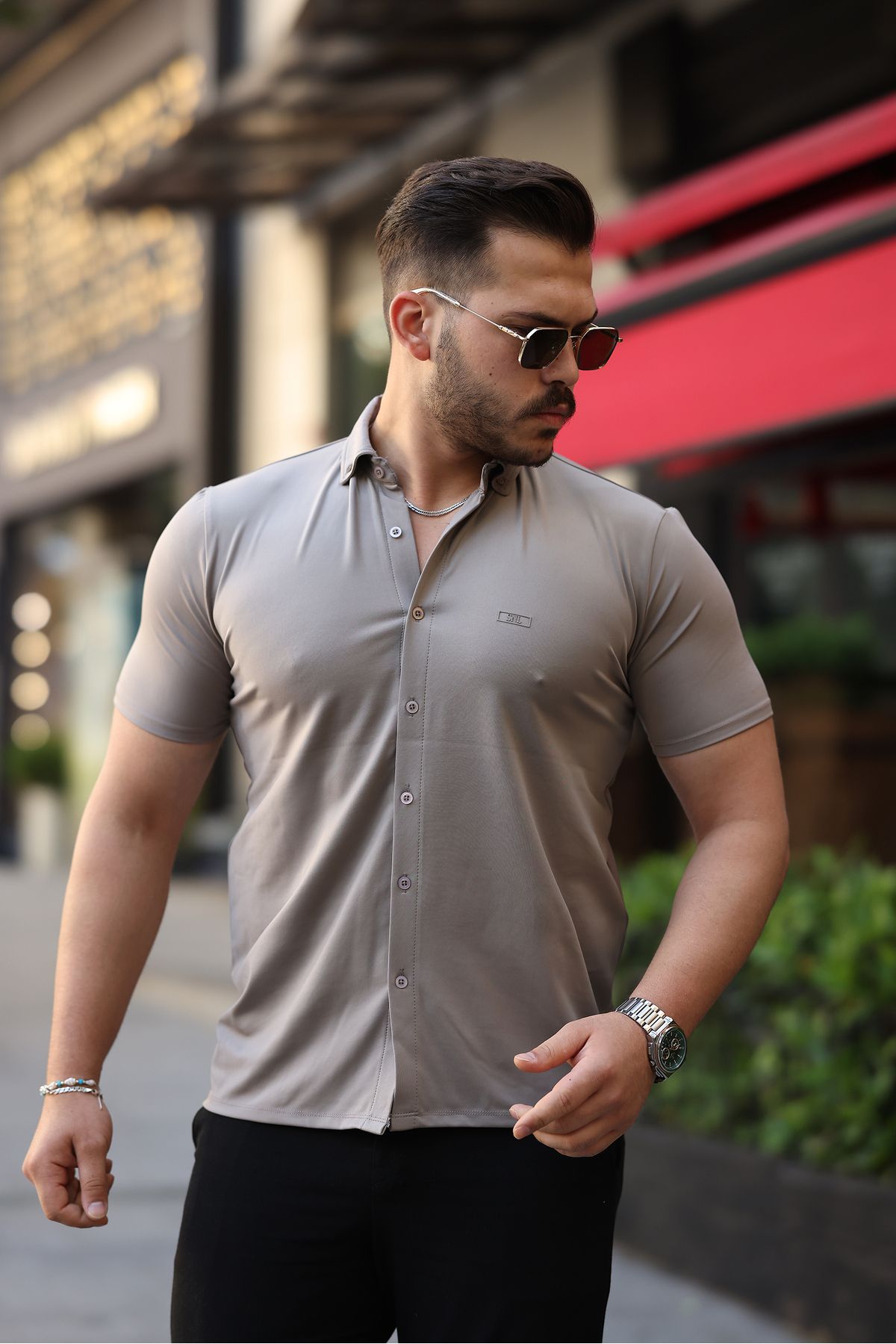 REFRESH Style Erkek Kahverengi Kısa Kollu Düğmeli Yaka Gömlek