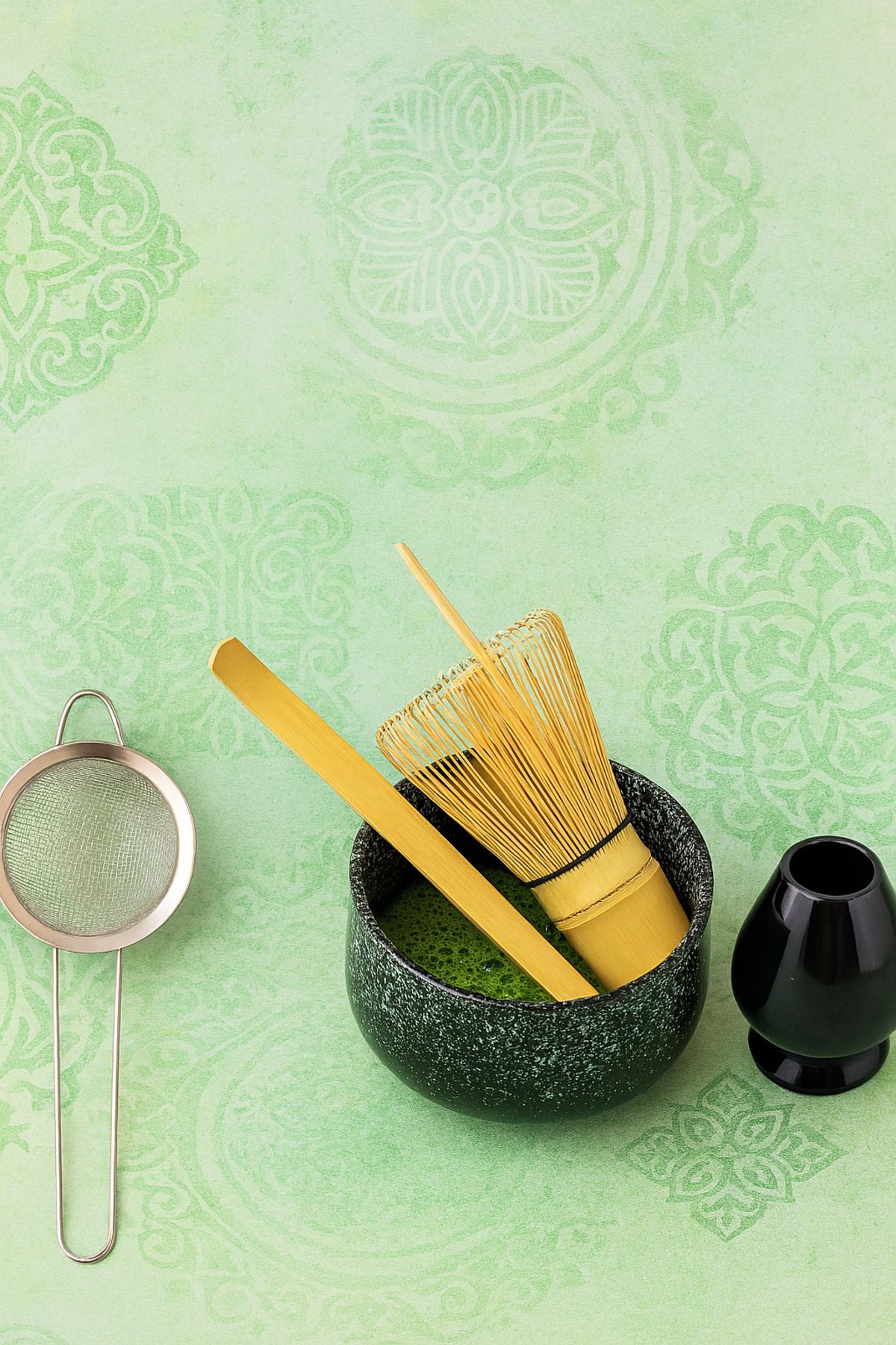 FiberSteo Geleneksel Matcha Seti – Chasen, Chashaku, Kase, Süzgeç ve Stand