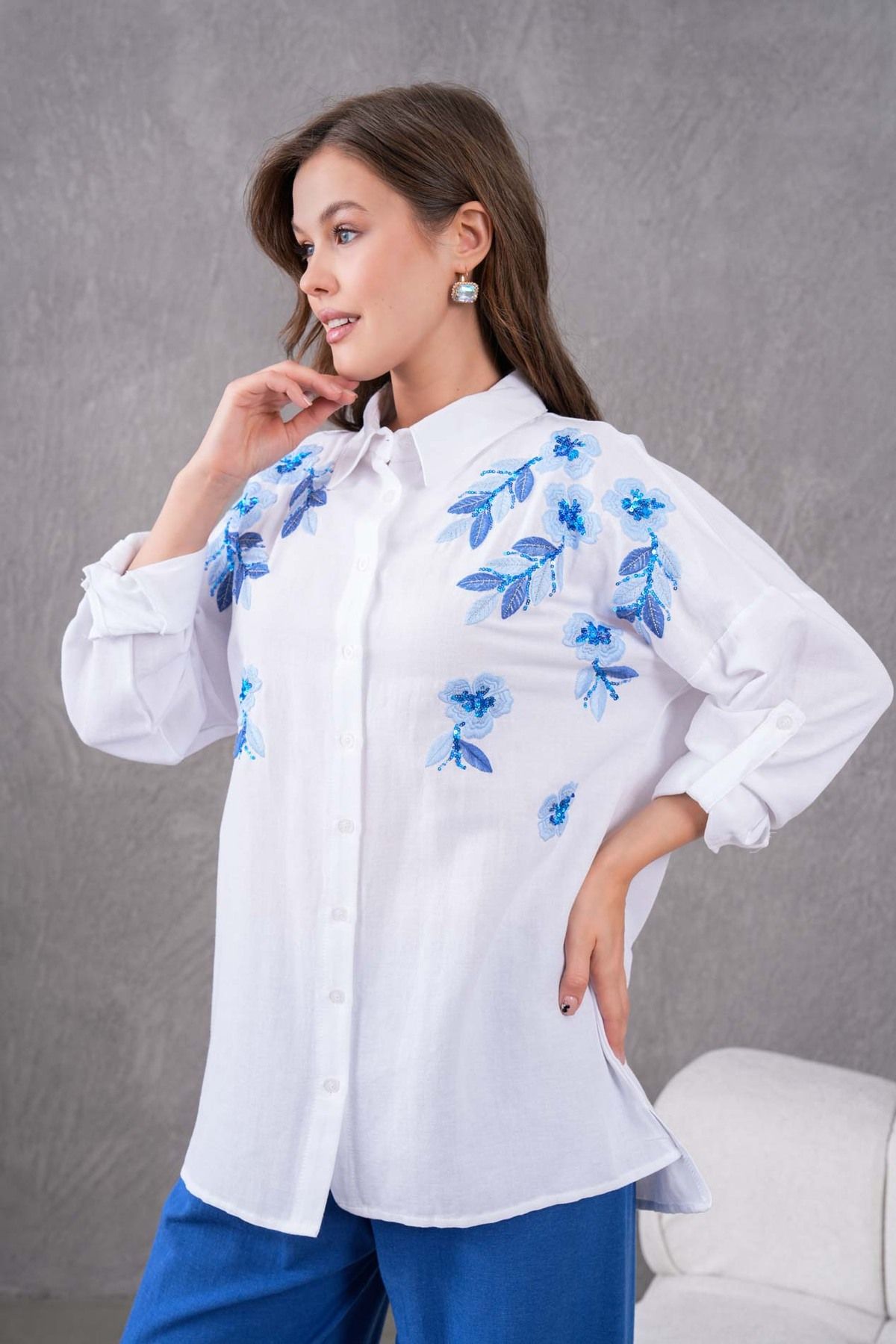 MVStore Kadın Yaprak Desenli Nakış İşlemeli Keten Oversize Gömlek ve Pantolon